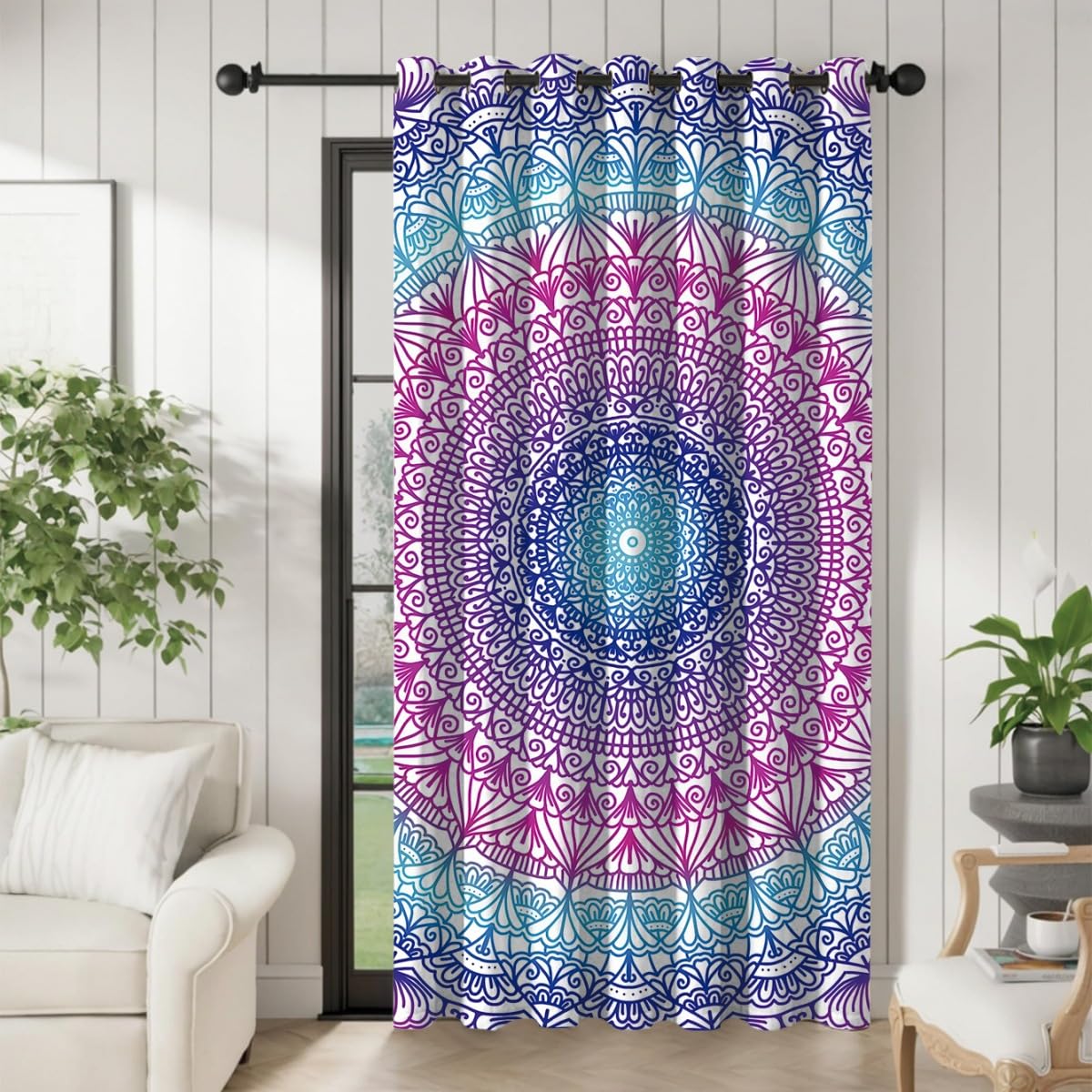 Tenda oscurante per porta, stile mandala, stile bohémien, floreale, in poliestere, tenda oscurante con tasca per bastone, divisorio per la privacy, per soggiorno, camera da letto e balcone