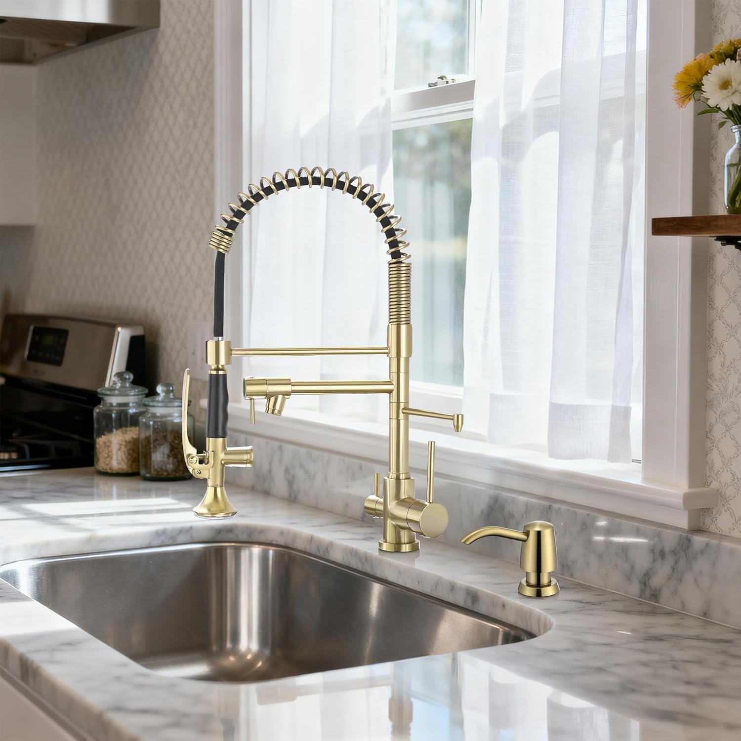 Avola Gold Kitchen Sink Soap Dispenser or Lotion Dispenser for Kitchen Sink, Brushed Gold ABS Pump Head with PET Soap Bottle and 47" Under Counter Soap Dispenser Tube Kit,Spot Free