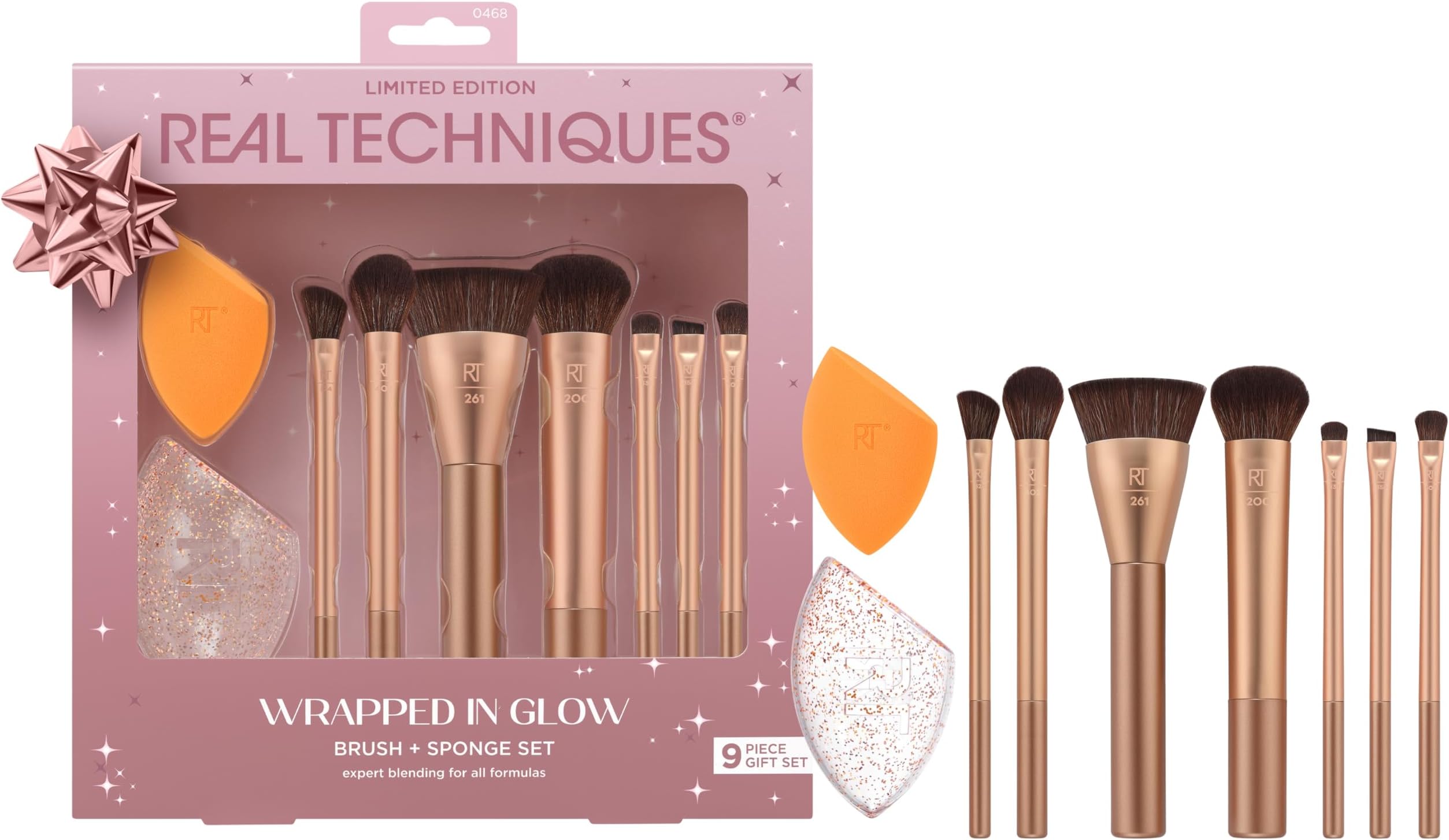 Real Techniques Wrapped In Glow Brush + Sponge 9 Piece Holiday Gift Set, Complete Makeup Brush Set, Foundation Sponge, Seamless Blending & Travel Case, Stocking Stuffer, Limited Edition, Latex-Free