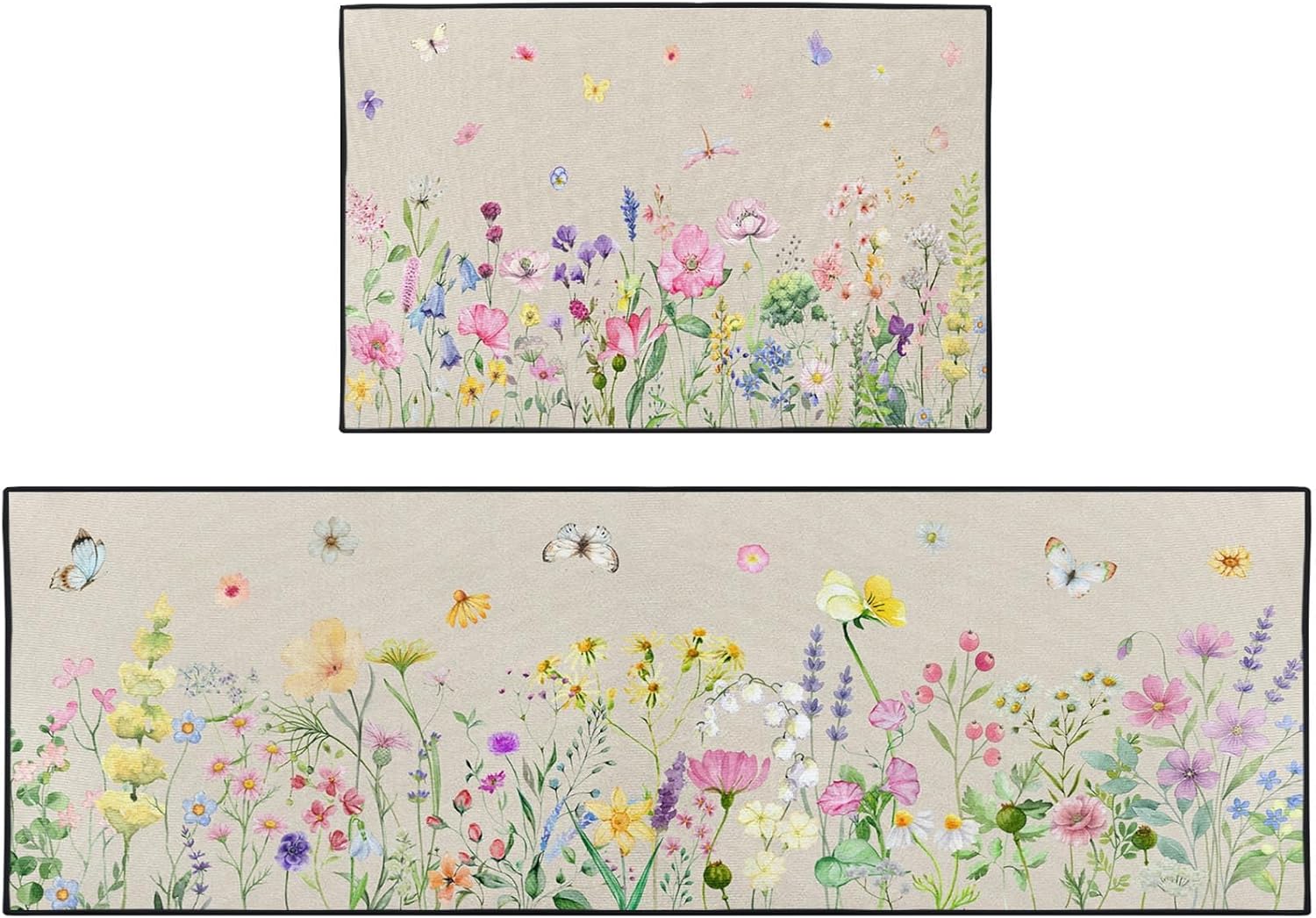 Wildflower Floral Butterfly Kitchen Rugs and Mats Non Skid Washable Set of 2, Vintage Wooden Board Floor Mats, Sweet Heart Home Runner Rug, Rustic Kitchen Decor