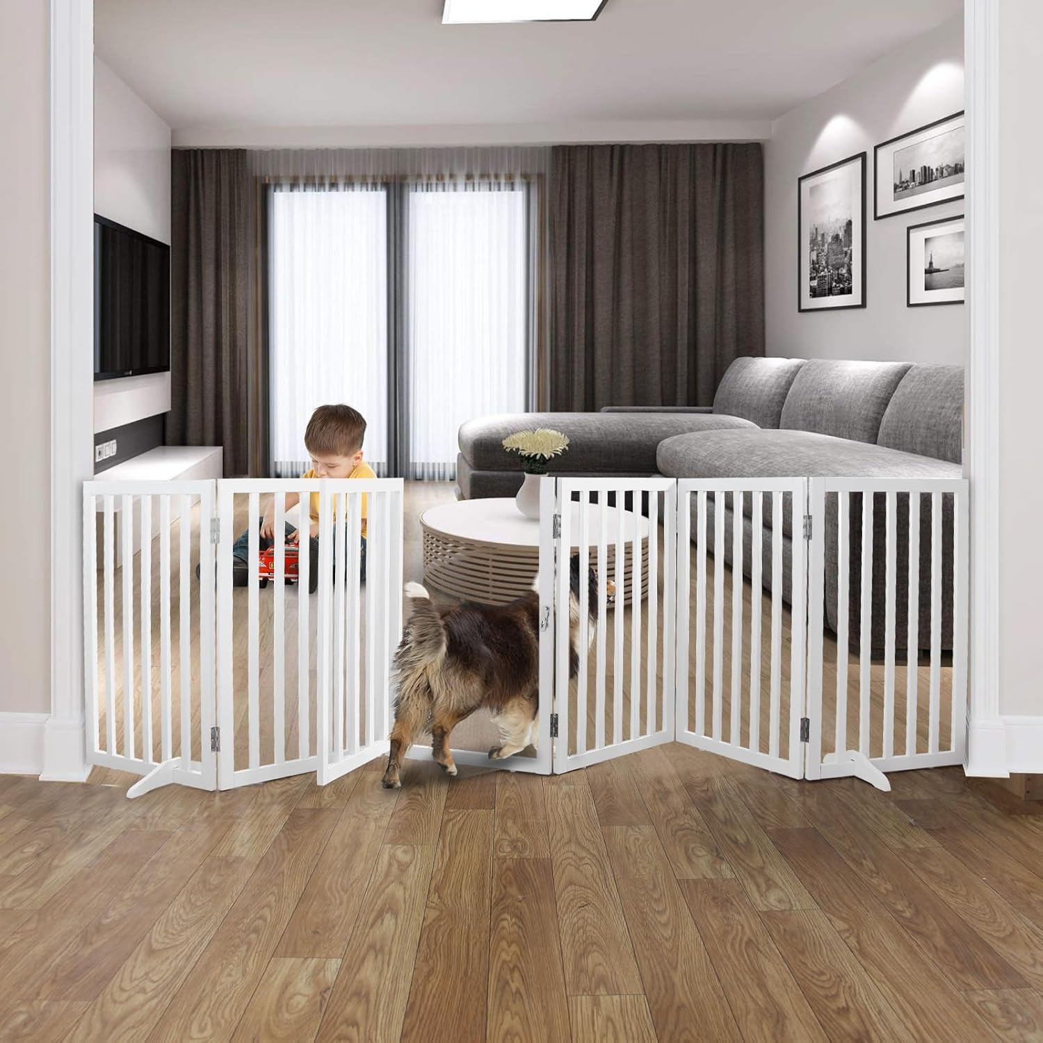 ZJSF Foldable Indoor Dog Gate for House Freestanding Dog Gates with Door Walk Through Wooden Extra Wide White Indoor Puppy Gate 6 Panels Tall Pet Gate Dog Fence 32''H