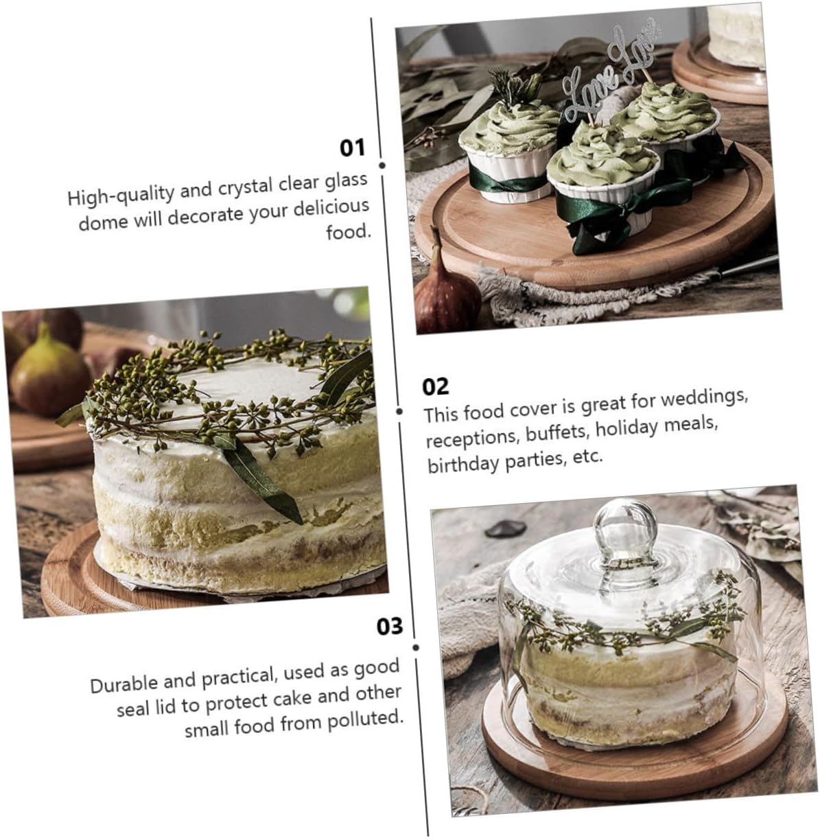 Household Cake Dome with Glass Cover and Large Wooden Tray, Food Display Dessert Cover for Bakery and Party, Dustproof Fresh-keeping Confectionery Snack Protector