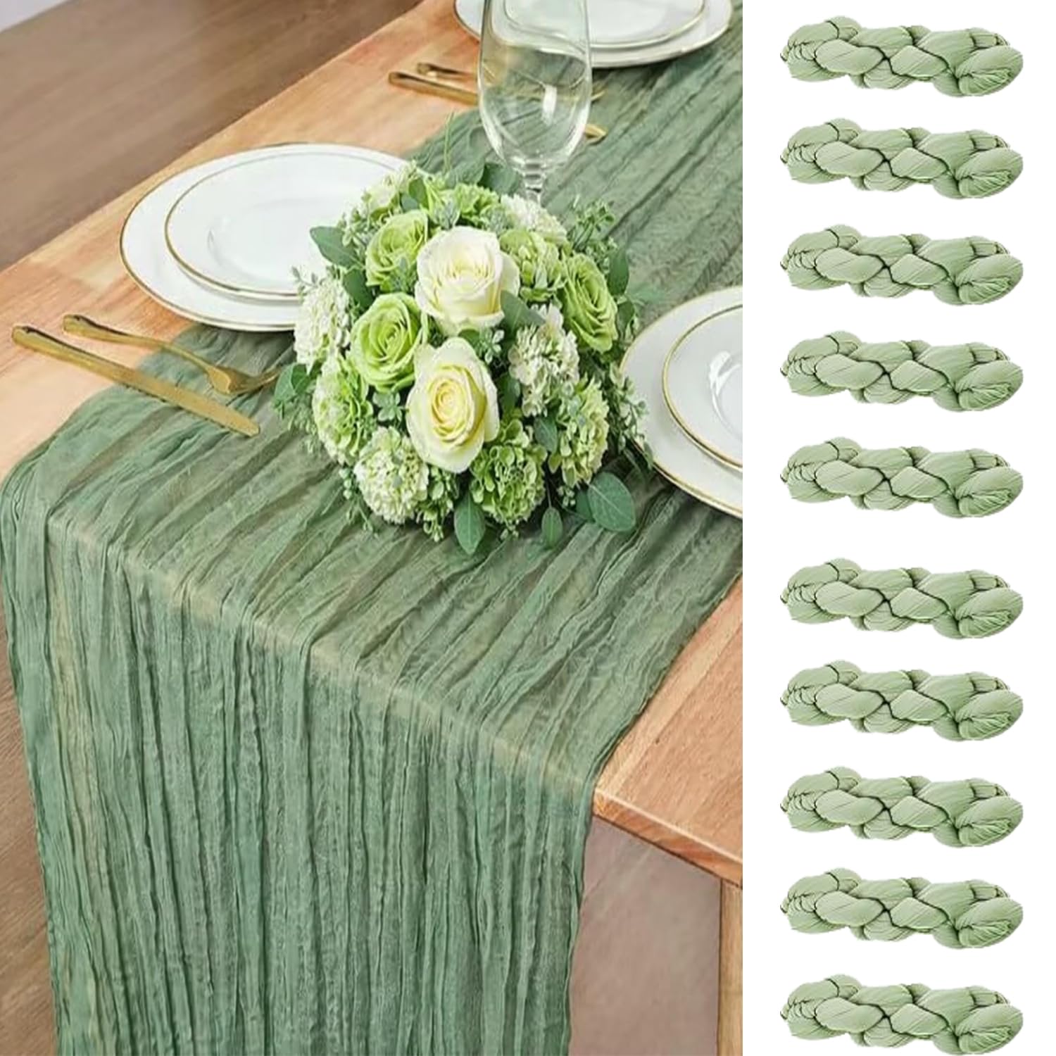 Photo 1 of 10 Pack Sage Green Spring Cheesecloth Table Runner, 120 Inch Boho Gauze Table Runners, Rustic Sheer Cheese Cloth Table Runners for Wedding, Baby Shower, Birthday Party, Home Decor