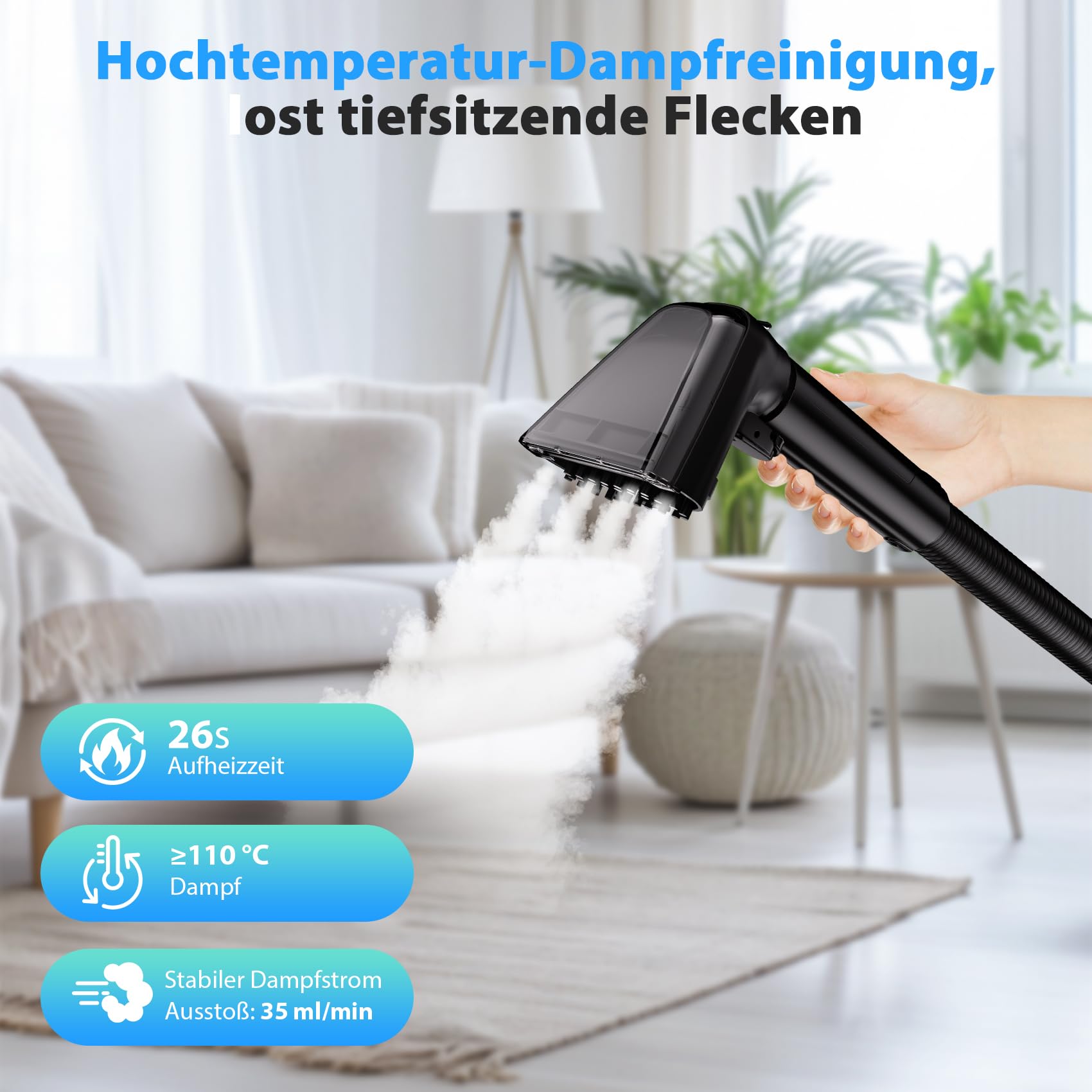 Dampfreiniger 1650W Polsterreiniger Gerät Nasssauger Waschsauger mit Starker Saugkraft, 1250ML Wassertank, Hochtemperaturdampf Teppichreiniger für Teppich, Sofa, Vorhänge, Polster, Autositz