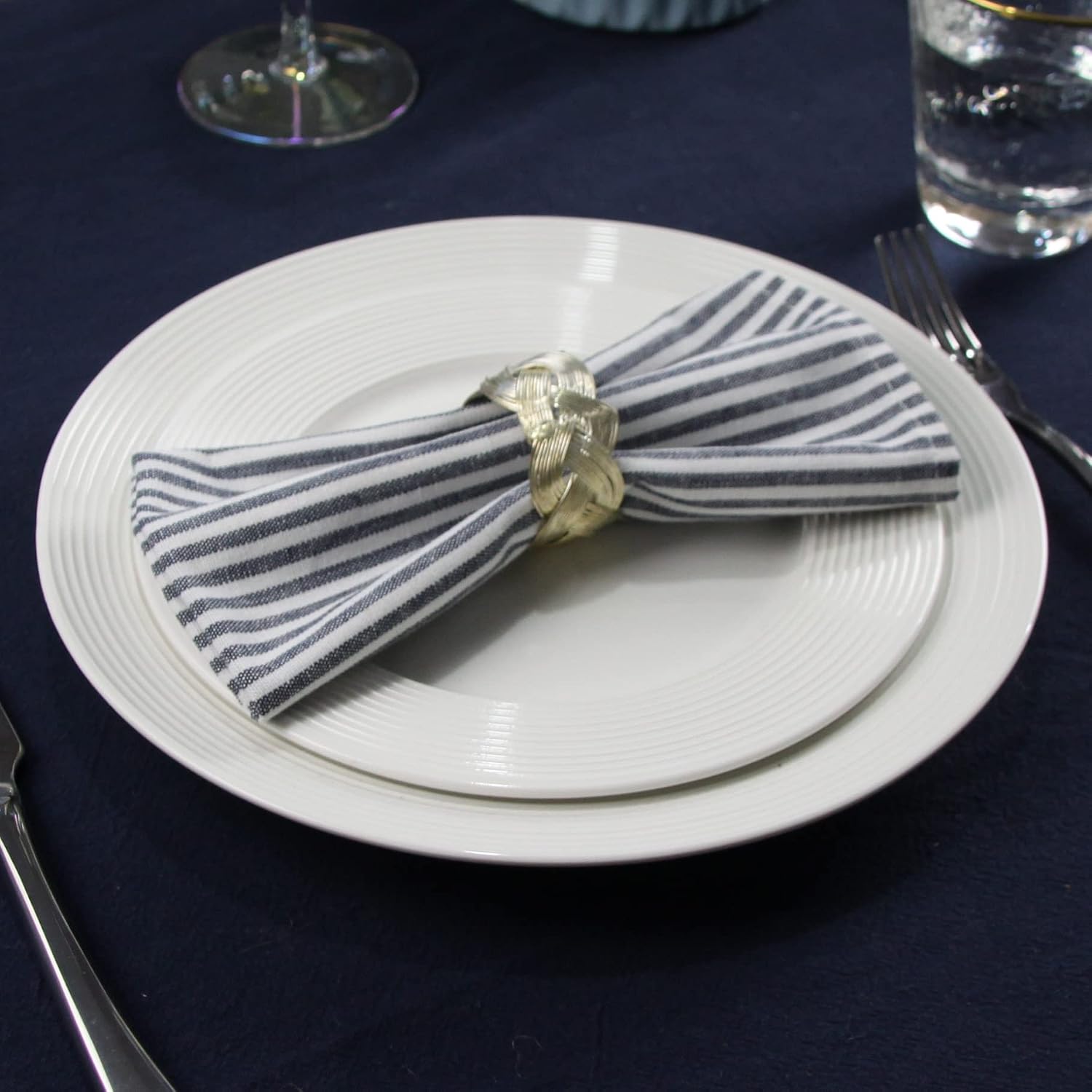 Plain Striped Cotton Linen Blended Dinner Cloth Napkins - Set of 12 (40 x 30 cm) - for Events & Home Use (Navy) image 2