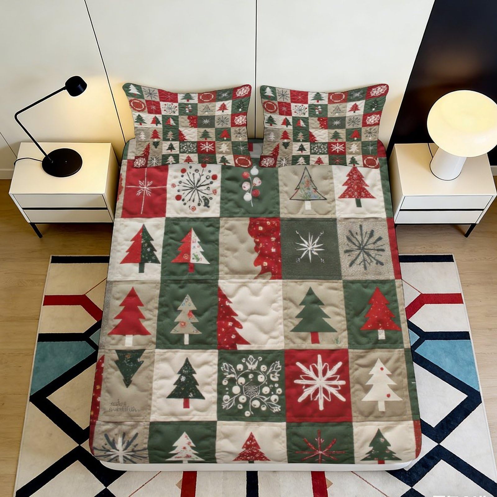 3D Printed Christmas Patchwork Fitted Sheet Microfiber Red Green Snowflake Bed Cover for Bedroom Guest Room 90x200x25cm