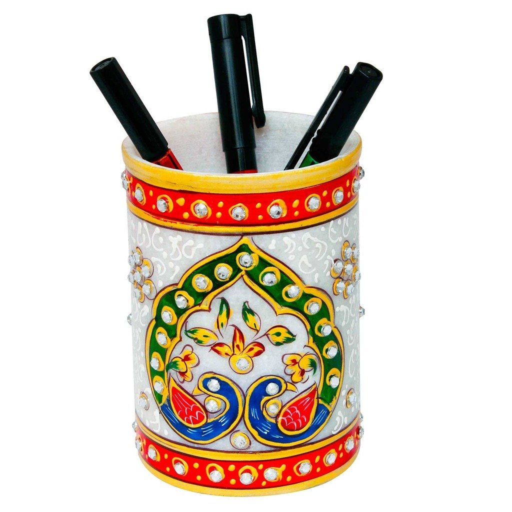 Pioneerpragati Gold Meenakari Mayur Design White Marble Pen Stand