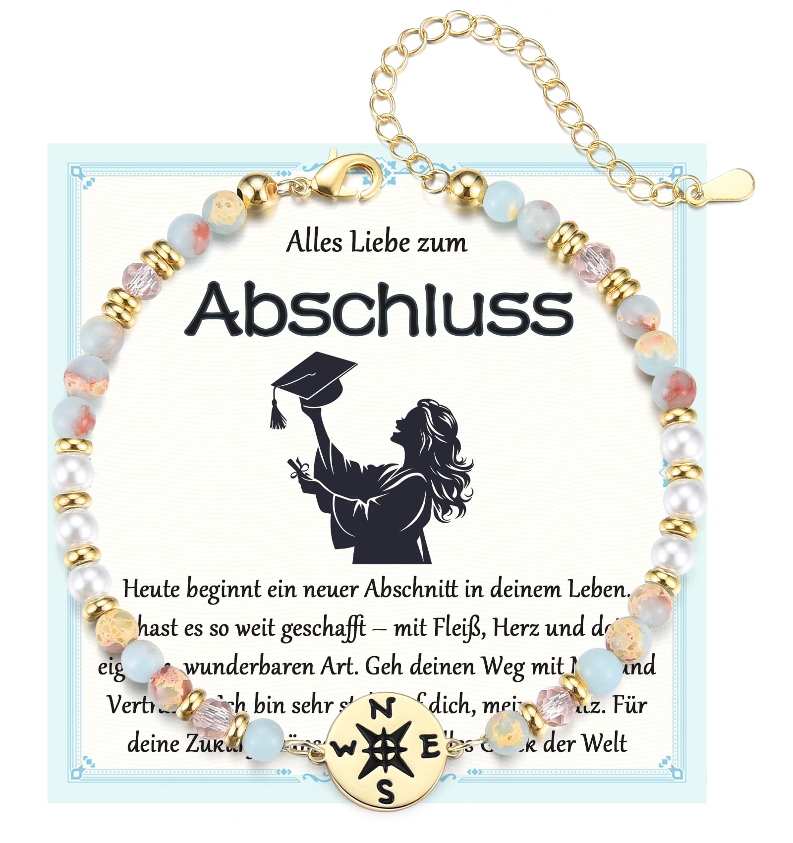 Abschluss Armband, Abitur Geschenke Mädchen, Armband mit Kompass als Geschenke zum Abi Schulabschluss Realschulabschluss Uni Master Abschluss für Tochter Schwester Enkelin Nichte Freundin