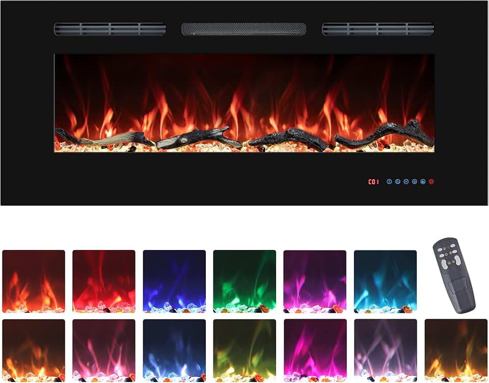 30" Lareiras Elétricas Inserts, Aquecedor De Lareira Embutido E Montado Na Parede Com Termostato, Chamas Multicoloridas, Temporizador, Log E Cristal, 750/1500W