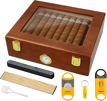 Cigar Humidor Box Desktop Cigar humidor with Hygrometer Humidifier Divider and Cigar Cutter Set Glass Top Cigar Box Holds 20-30 Cigars Wooden Humidor Cigar Box Brown