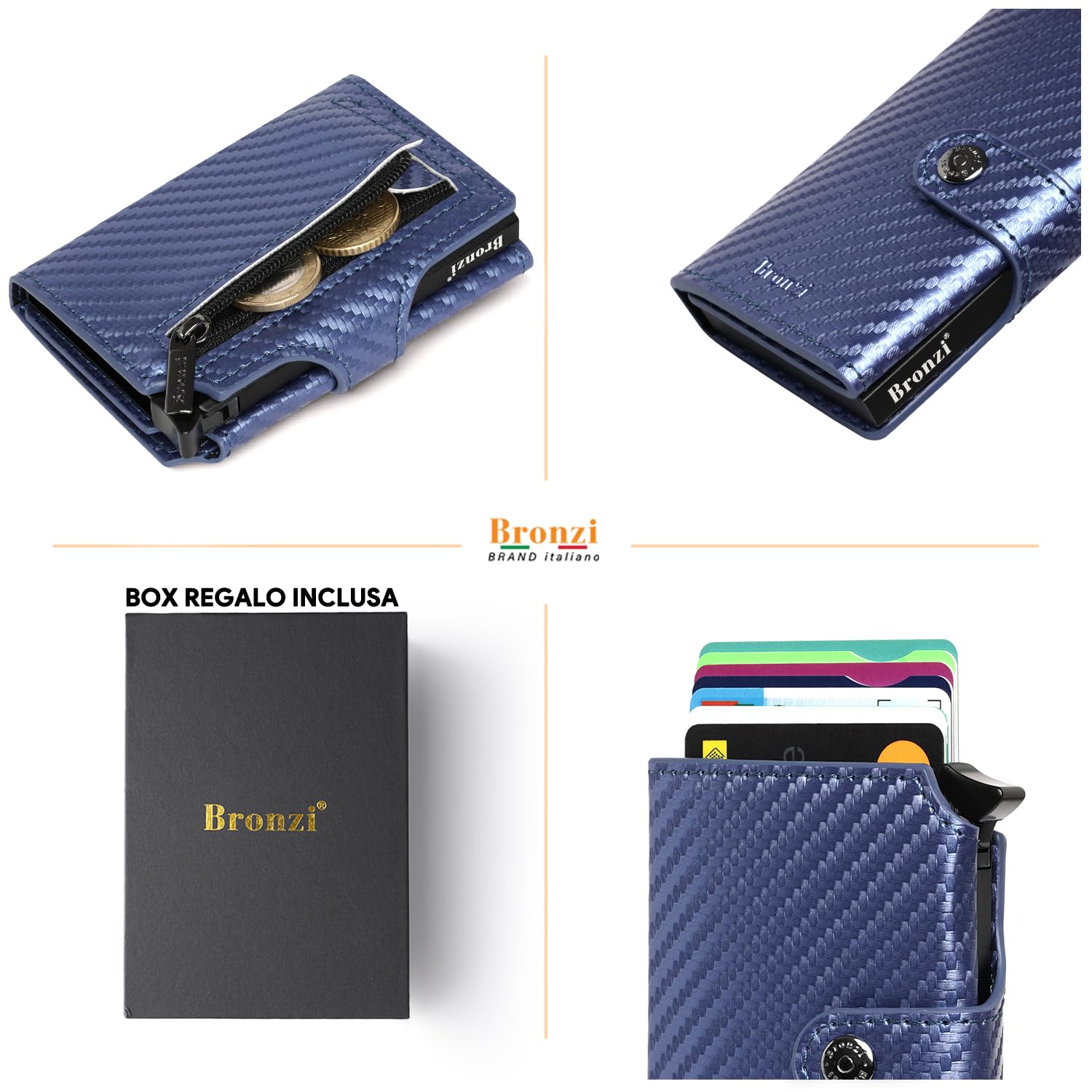 Bronzi Portafoglio Uomo Portafogli Uomo Piccolo Slim - Porta Carte Di Credito Uomo - Portacarte Con Portamonete - Regalo Uomo - Porta Tessere Portafogli Italiano (Blu Fibra Di Carbonio)