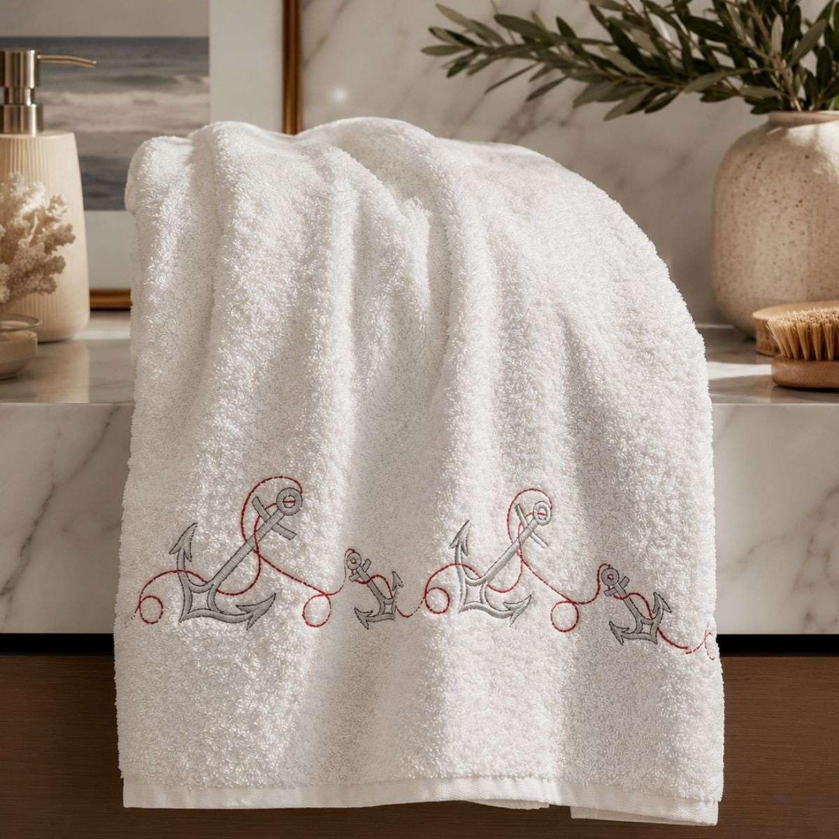 RICAMI FIORENTINI BALDI Set 5 Asciugamani con Ricamo Ancore, Spugna di Cotone 100% 550 gr. 5 Pezzi: 2 Viso+ 2 Bidet+ 1 Telo Doccia. Prodotto Artigianale Toscano (Bianco, 5 Pezzi)