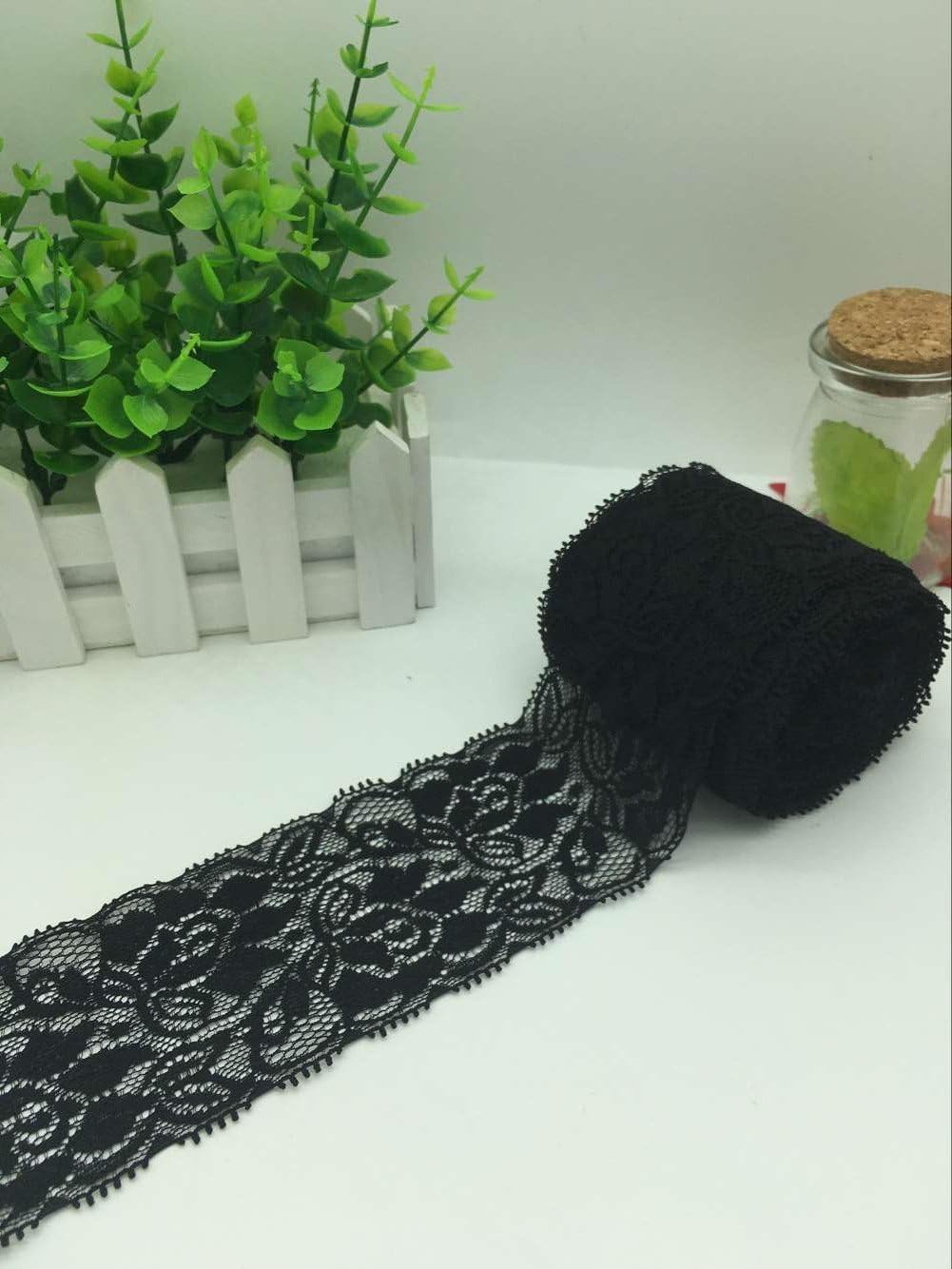 10 Yards White Lace Beading Lace Ribbon Stretch Lace Flower Braid Wedding Lace Trim Decoration Ribbon, Craft, Grinding Tape 7cm Width (Black)