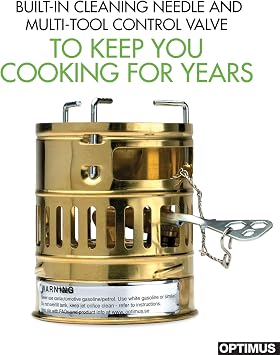 Optimus Svea Brass Backpacking Camp Stove, Single Burner White Gas Camping Stove for Mountaineering and Alpine Climbing, Self-Pressurizing Liquid Fuel Cooker