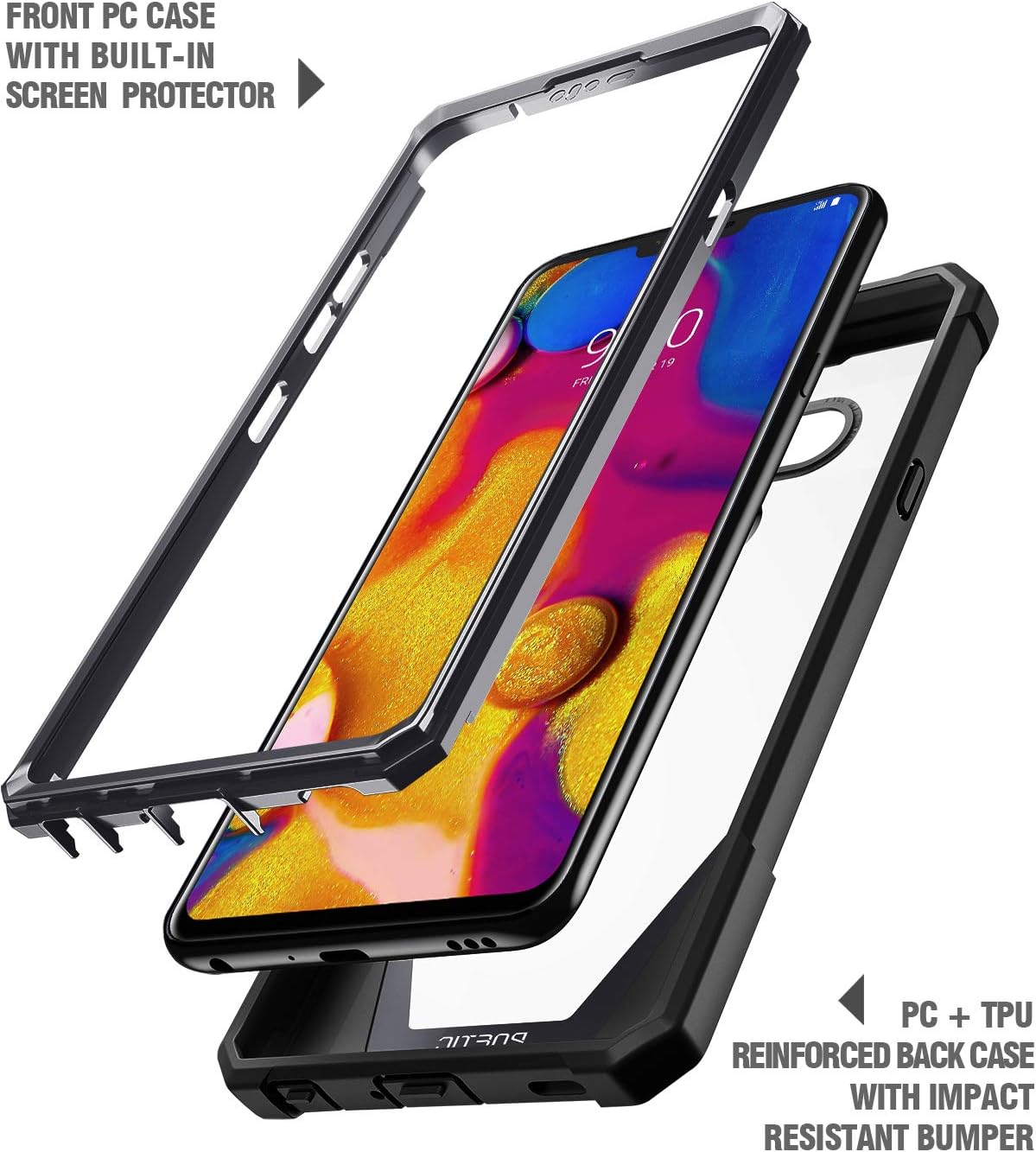 LG V40 Thin Case, LG V40 Case, Poetic Guardian [Scratch Resistant Back] [Built-in-Screen Protector] Full-Body Rugged Clear Hybrid Bumper Case for LG V40 / LG V40 ThinQ (2018) - Black
