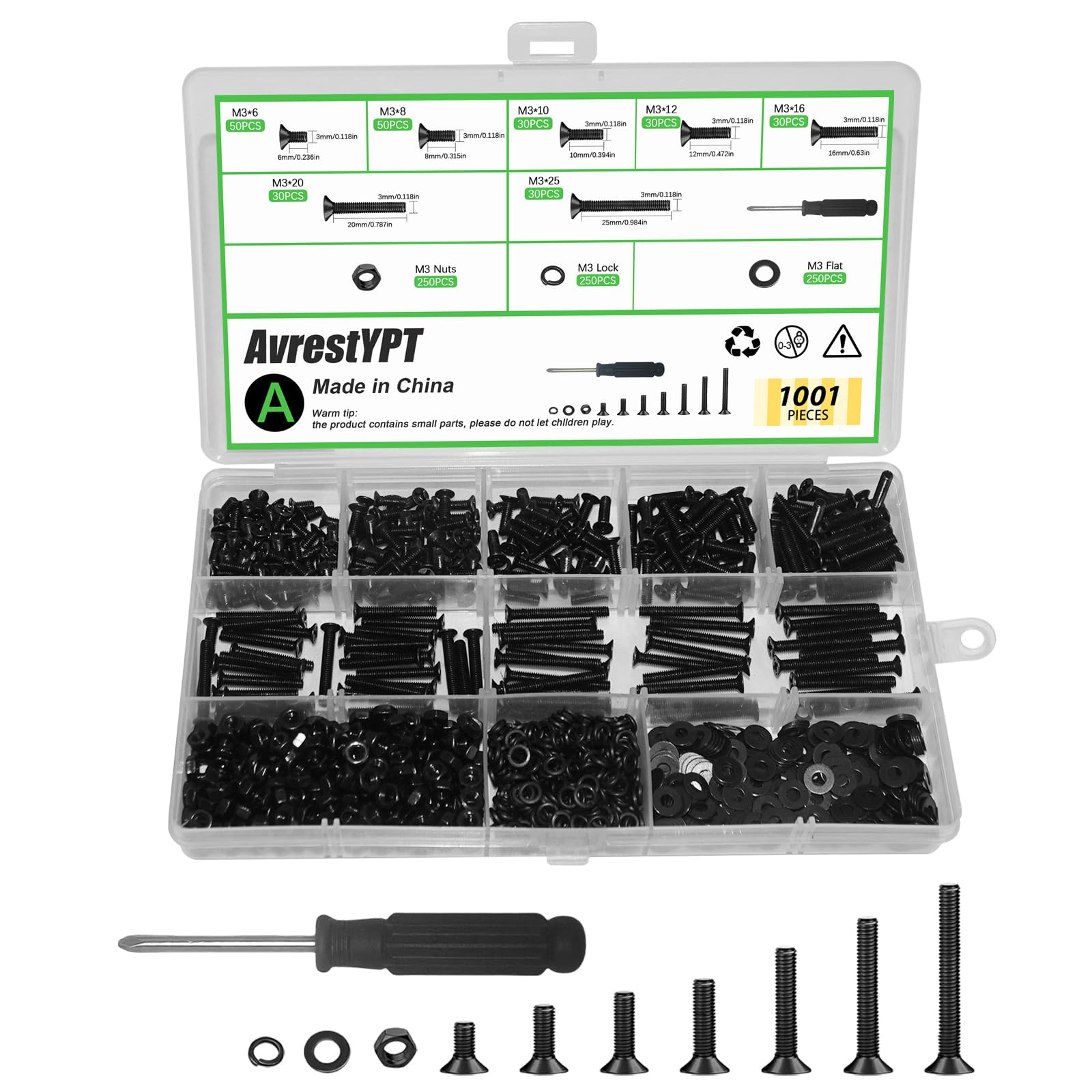 1001 Pcs M3 Countersunk Screws Assortment Kit, Flat Head Machine Screws Phillips Bolts Nuts Washers Assortment Kit with Screwdriver for Electronics,