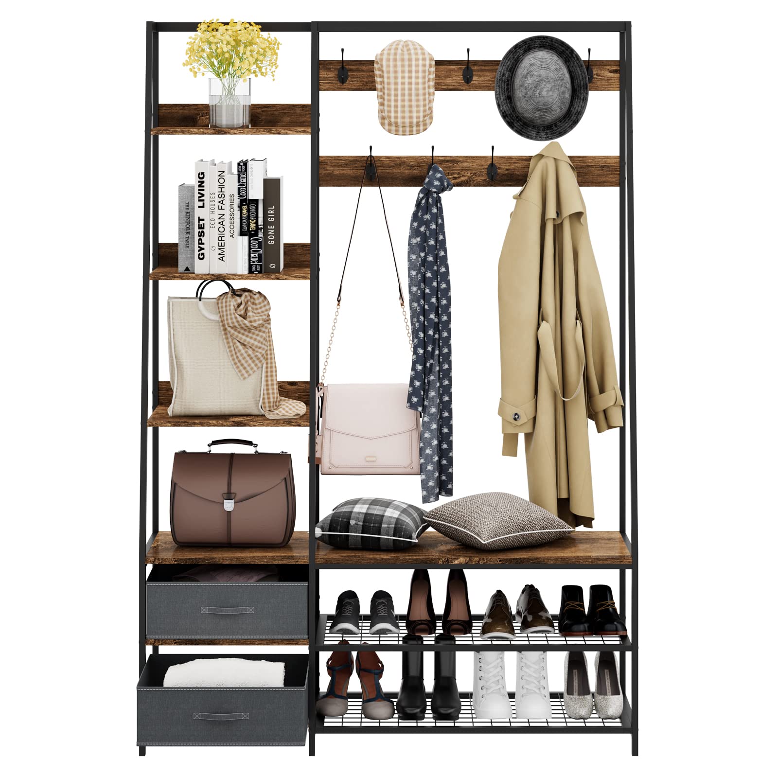 COSTWAY Coat Stand met Bank & 5 Dubbele Haken, Coat Rack met Open