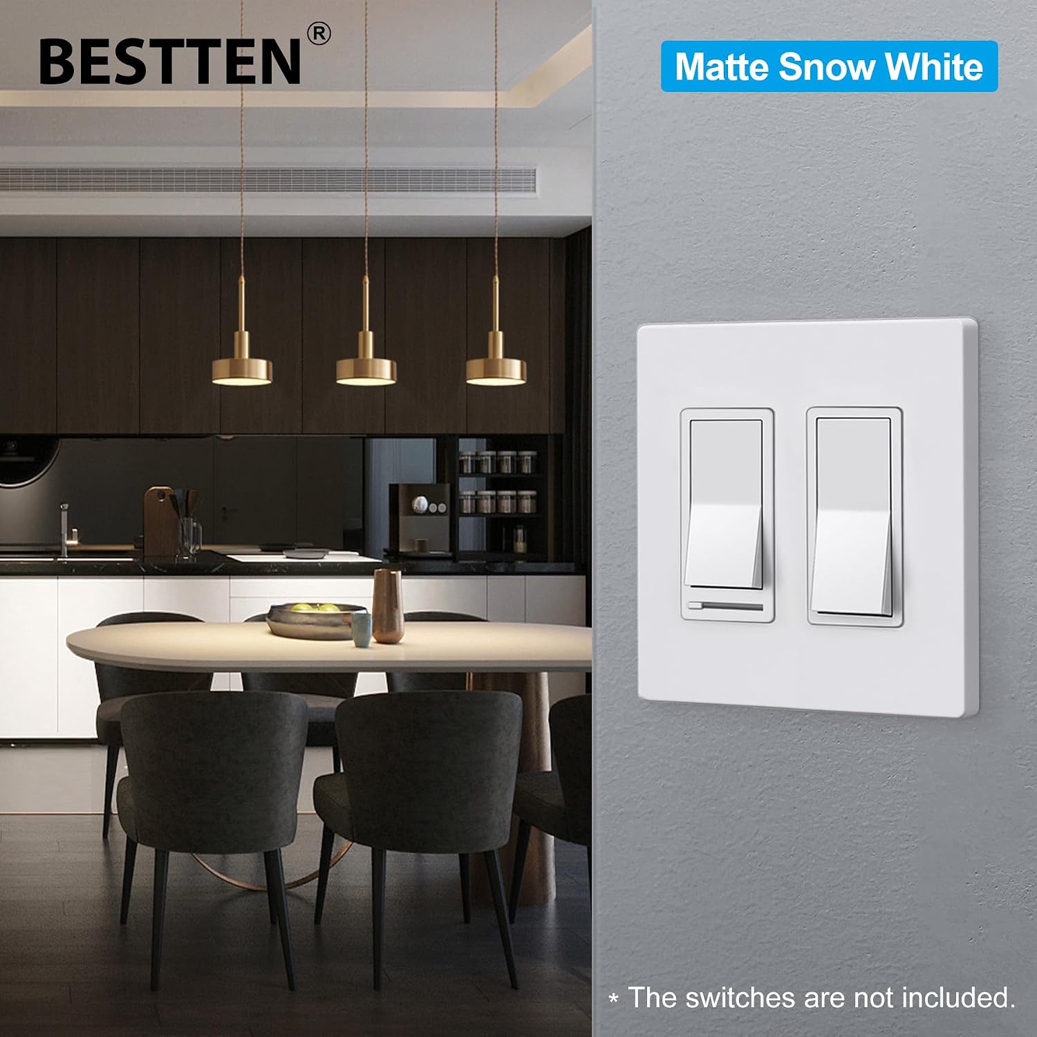 (10 Pack) BESTTEN USWP6 Matte Snow White 2-Gang Screwless Wall Plate, Decorator Outlet Cover, H4.69” x W4.73”, for Light Switch, Dimmer, USB, GFCI, Receptacle