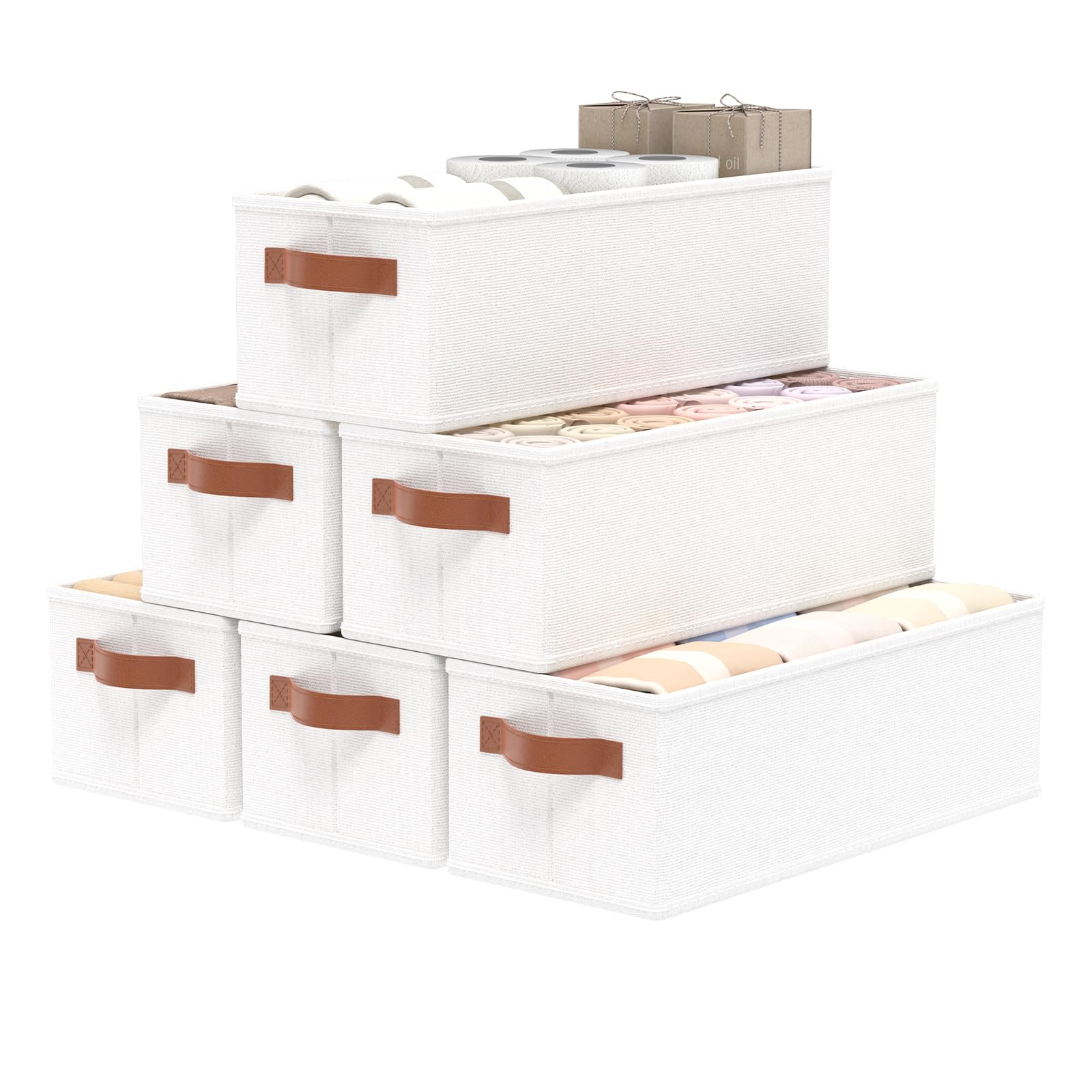 OUTBROS 6 Pack Paniers Rangement Tissu avec Poignée, 38x15.5x13cm, Blanc | Boite Rangement Vetement en non tissé et PP plaque, Pliable Casiers Pour Armoire, Vêtements, Livres, Cosmétiques