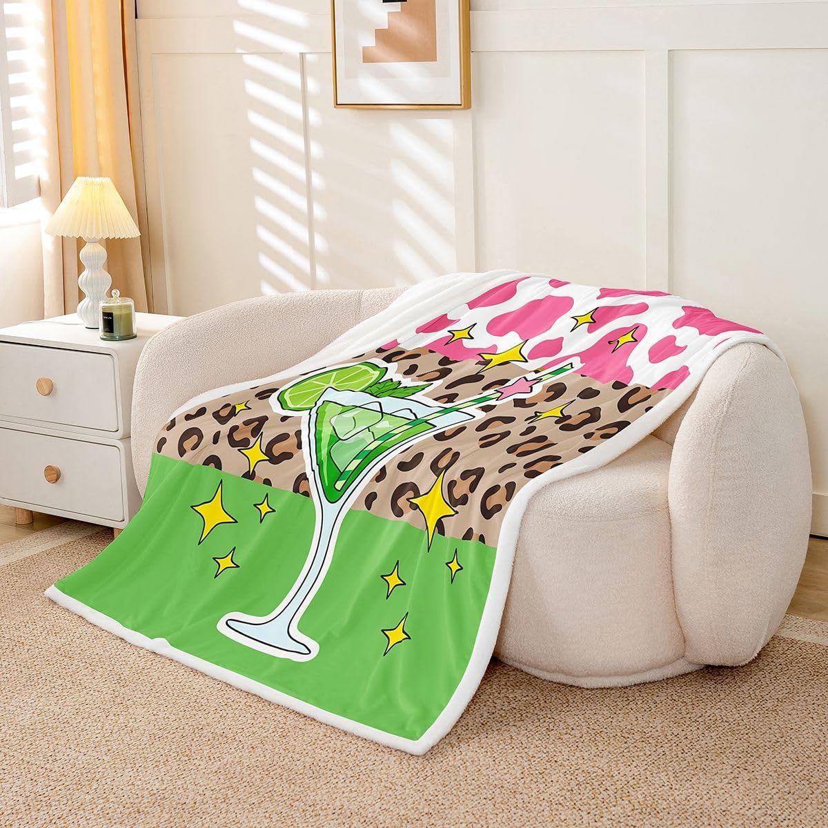 Feelyou Pink Brown Leopard Print Fleece Throw Blanket Lime Cocktail Sherpa Blanket for Kids Women Men Plush Fuzzy Star Print Twin 60"x80" for Bed Couch Chair Living Room Bedroom Decor image 2