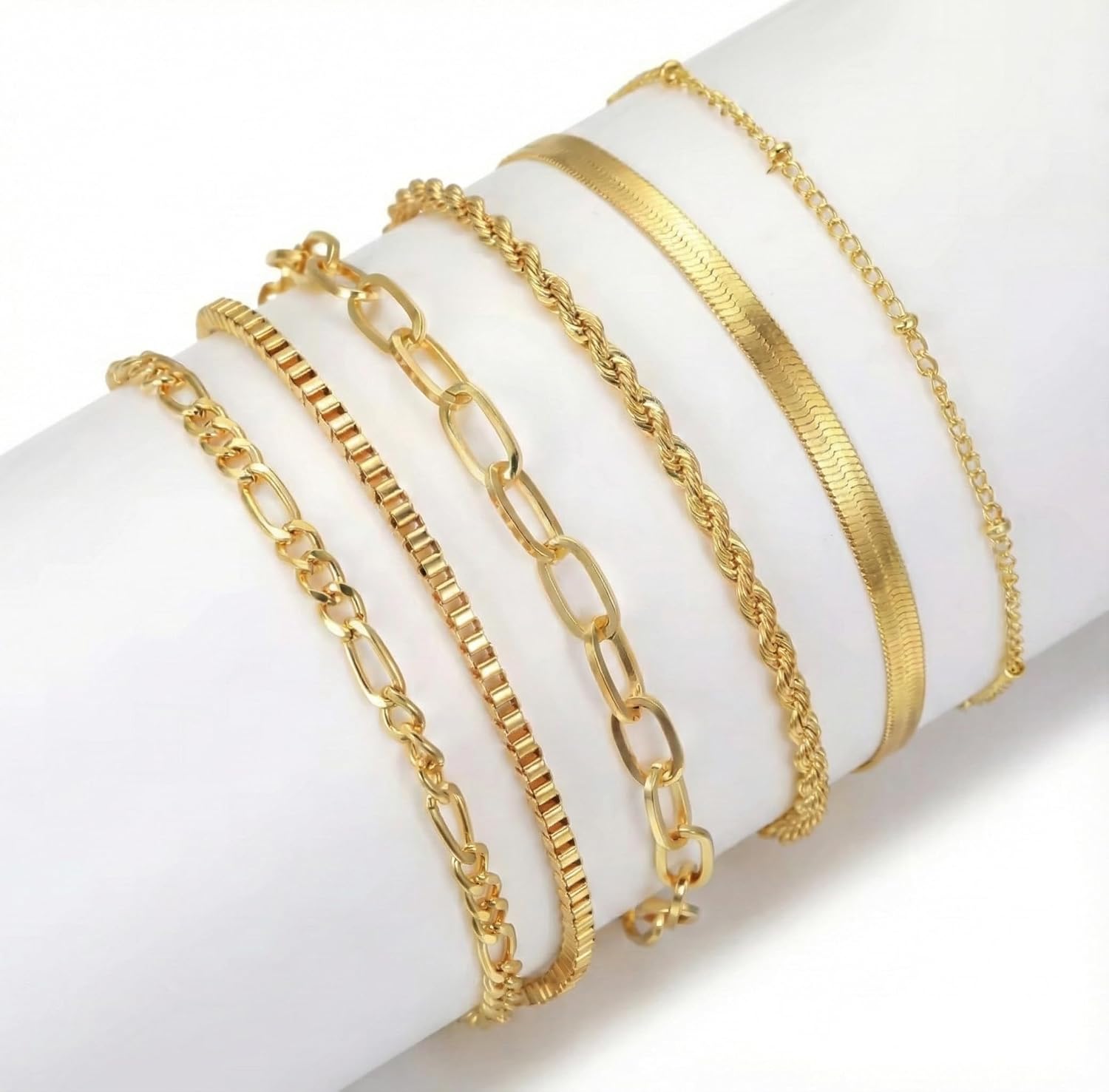 Luxury 18K Gold Plated Bracelet Set for Women, Waterproof - Dainty, 6 Styles, Stackable Cuban Link & Paperclip Chain Pack, Fashion, Elegant Gift, Trendy, Accessory, Perfect Valentine's Day Gift, Elegant Christmas, New Year, and Birthday, For Her image 4