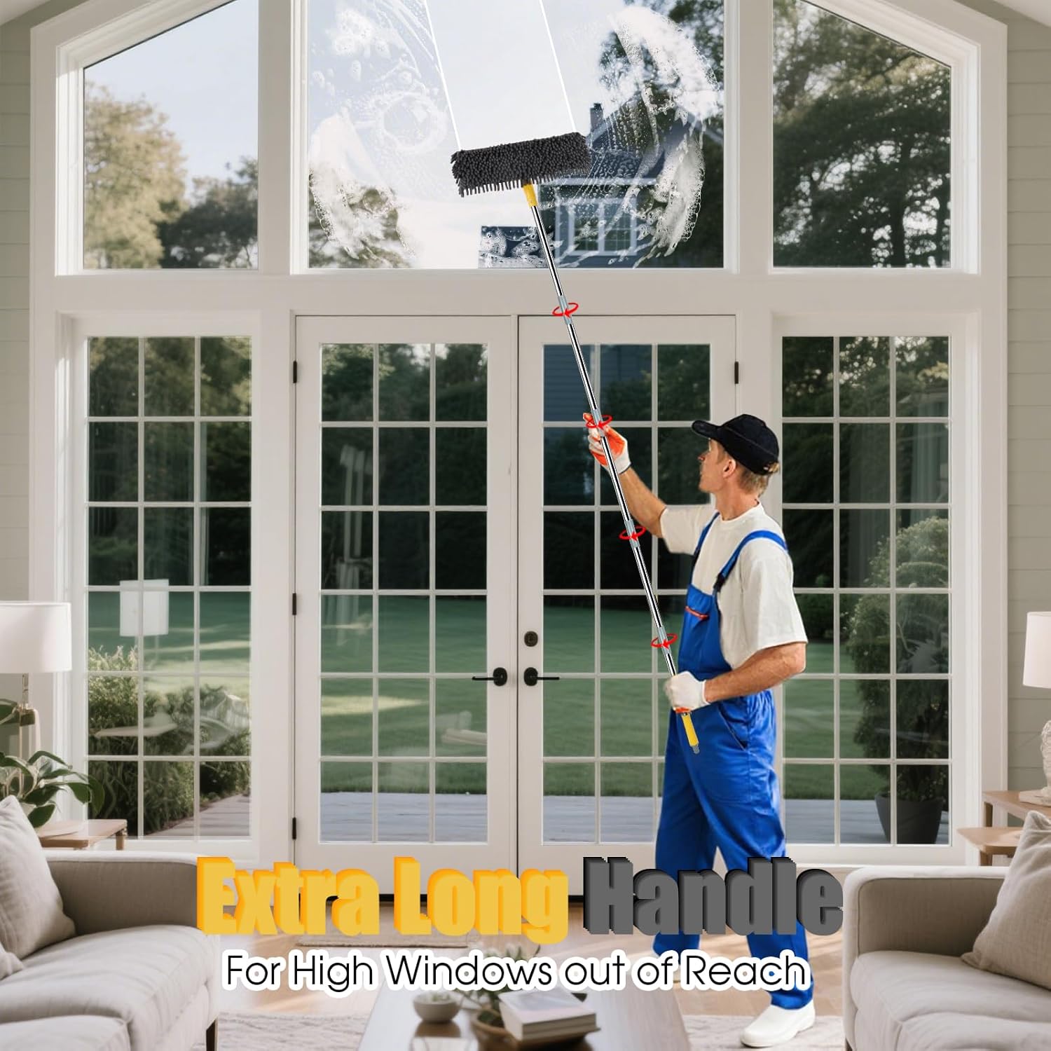 Dymoll 96" Long Handle Window Wall Cleaner Tool with Extension Pole,2 in 1 Large Window Squeegee with Cleaning Mop Tools Kit for Window/Wall/Baseboard/Floors Clean/Solar Panel Washer