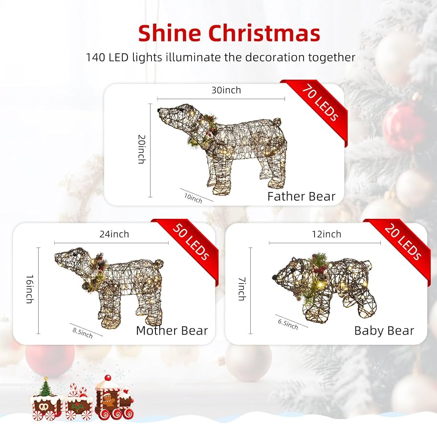 Lighted Rattan Polar Bear Family Outdoor Decor – 3-Piece Set With 140 LEDs, Stakes, Zip Ties For Christmas Yard - View #9