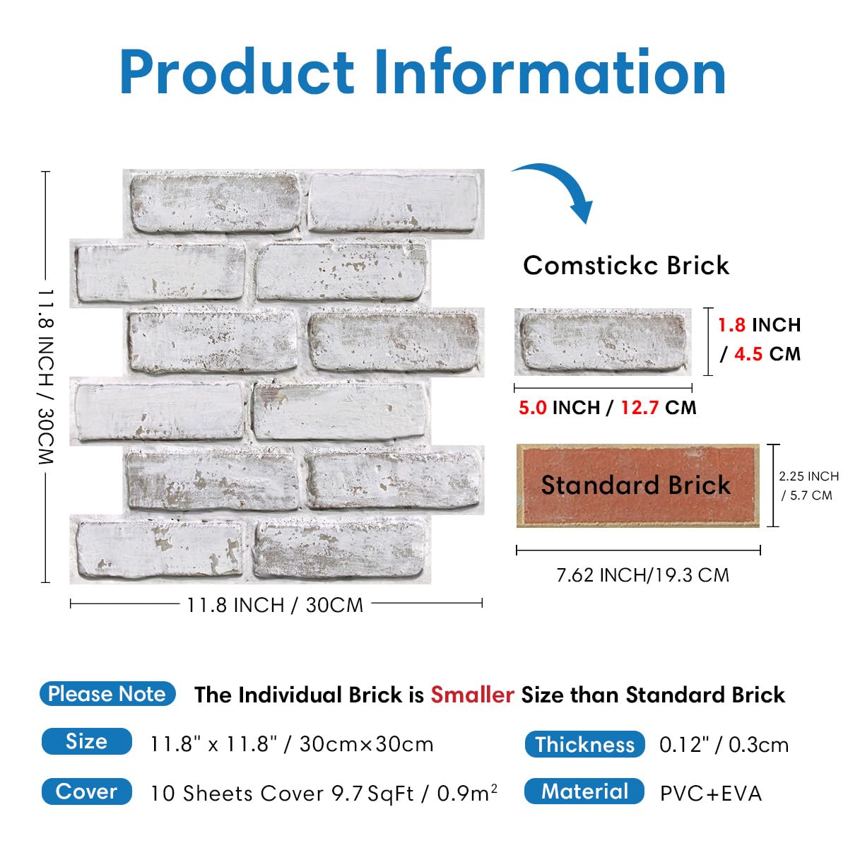 COMSTICKC Paneles de Pared 3D Autoadhesivos Ladrillo Encalar, 10 Piezas, 30 x 30 cm, Autoadhesivos PVC 3D Decorativo Panel de Pared de Ladrillo para Salón Oficina Cocina Decoración de pared interior