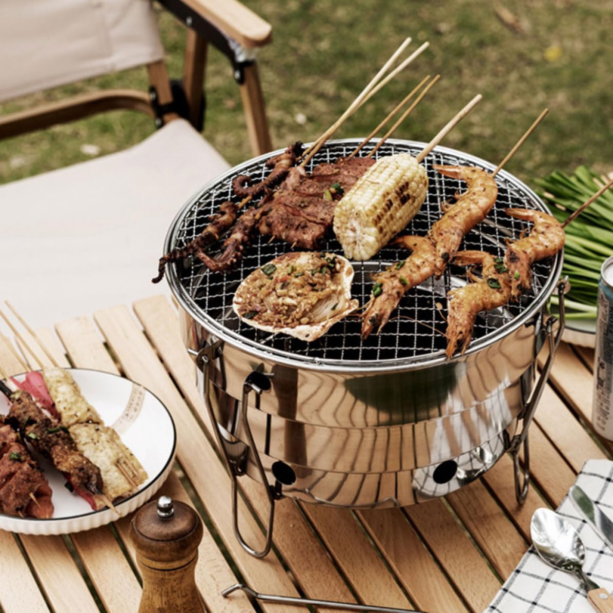 TEHAUX Barbecue Alta a Portatile in Metallo Carbone e Inossidabile al Superficie Liscia Resistenza Calore per, Grigliate e Campeggio All'aperto