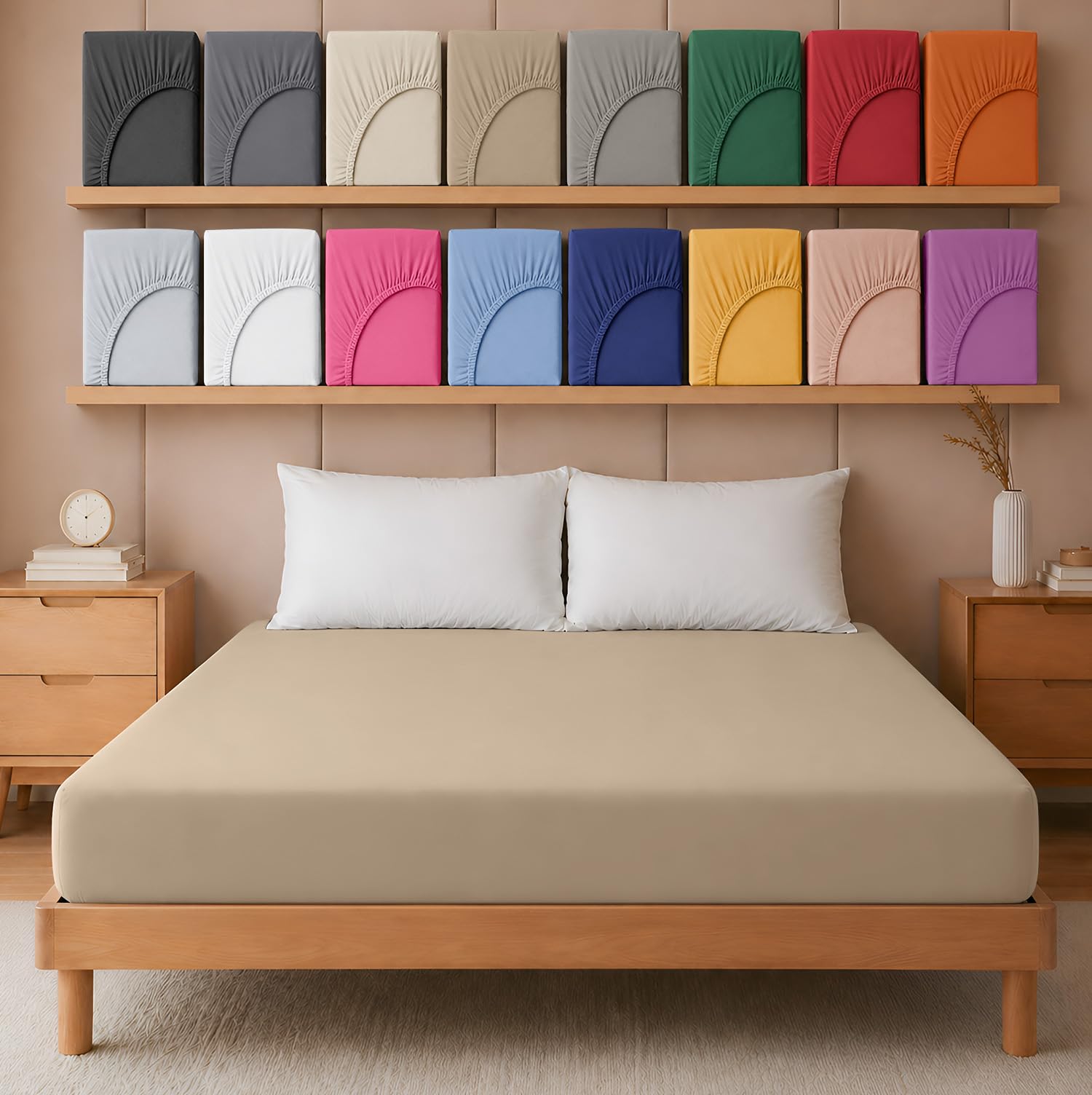 Hafaa Fitted Sheet Single – Easy Care 25 cm Deep Brushed Microfibre Elastic Beige Fitted Bed Sheets- Shrinkage and Fade Resistant (91 x 191 cm)