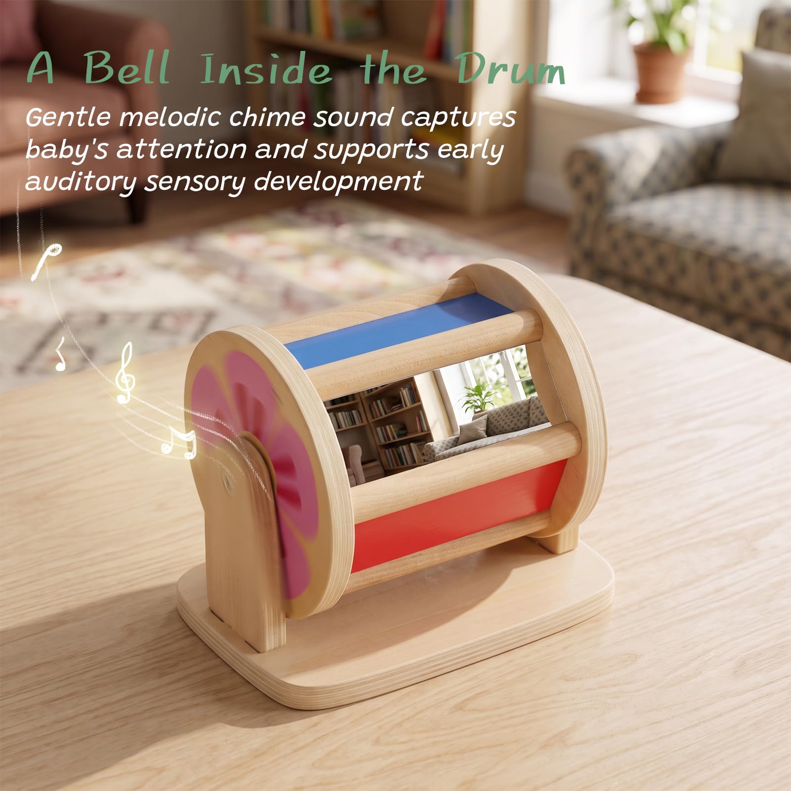 WOODENFUN Tambour Rotatif Arc-en-Ciel Bois Montessori Miroir Musical bébés 6-12 Mois