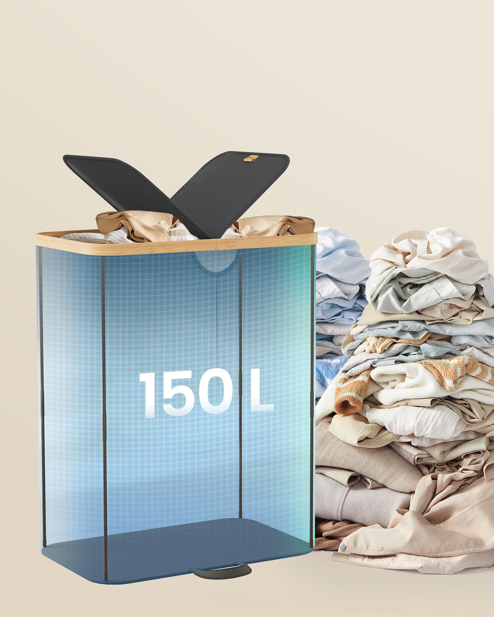 SONGMICS Wasmand 2 vakken, wasverzamelaar, 150 liter, wassorteerder met deksel, waszak, uitneembare waszakken, voor bijkeuken, slaapkamer, woonkamer, inktzwart-natuurlijk beige LCB523B01