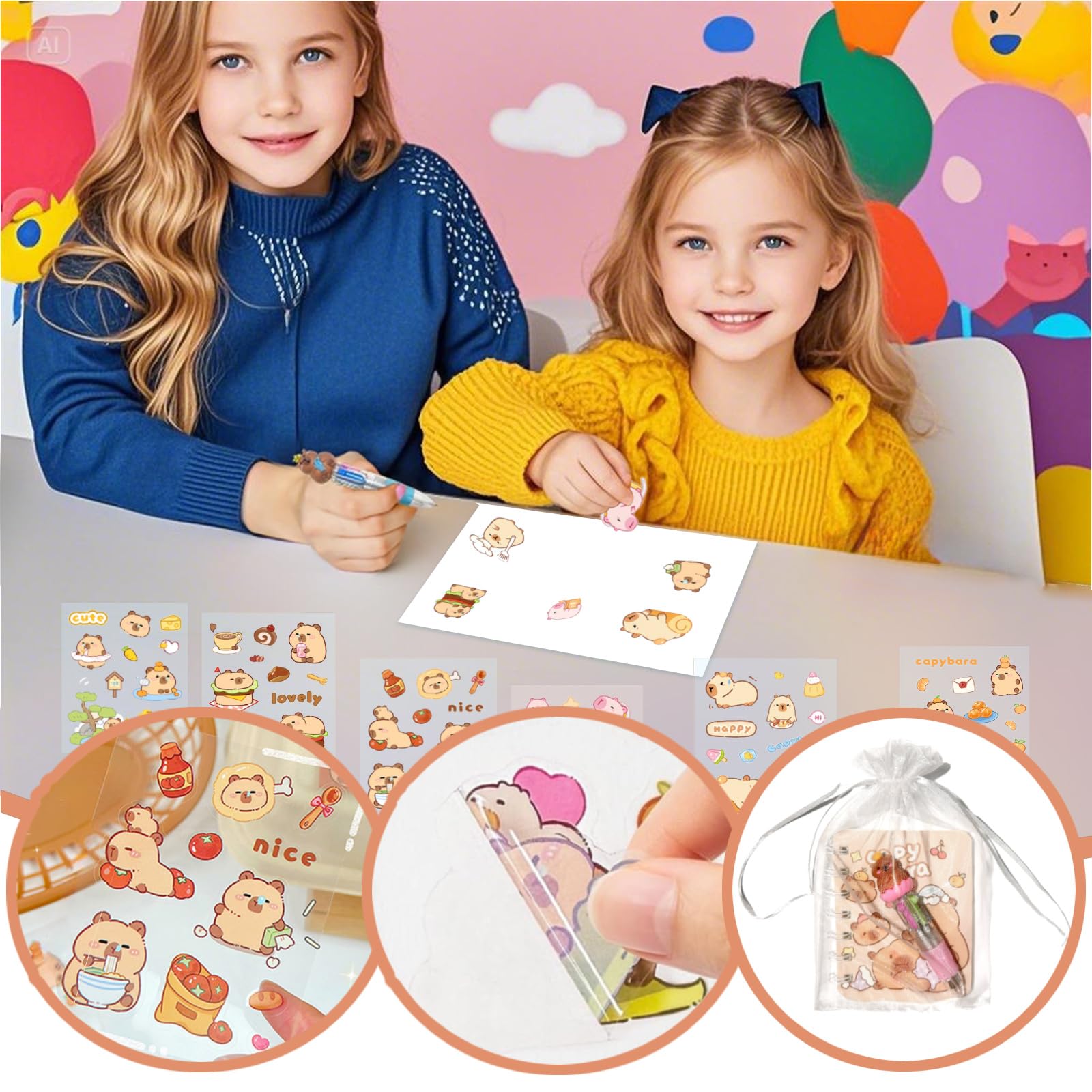 96 szt. Capybara prezenty luzem, długopisy 4 w 1, naklejki, notatniki, organza, luzem, zestaw prezentów dla nauczycieli, szkoły, biura, na imprezę, artykuły