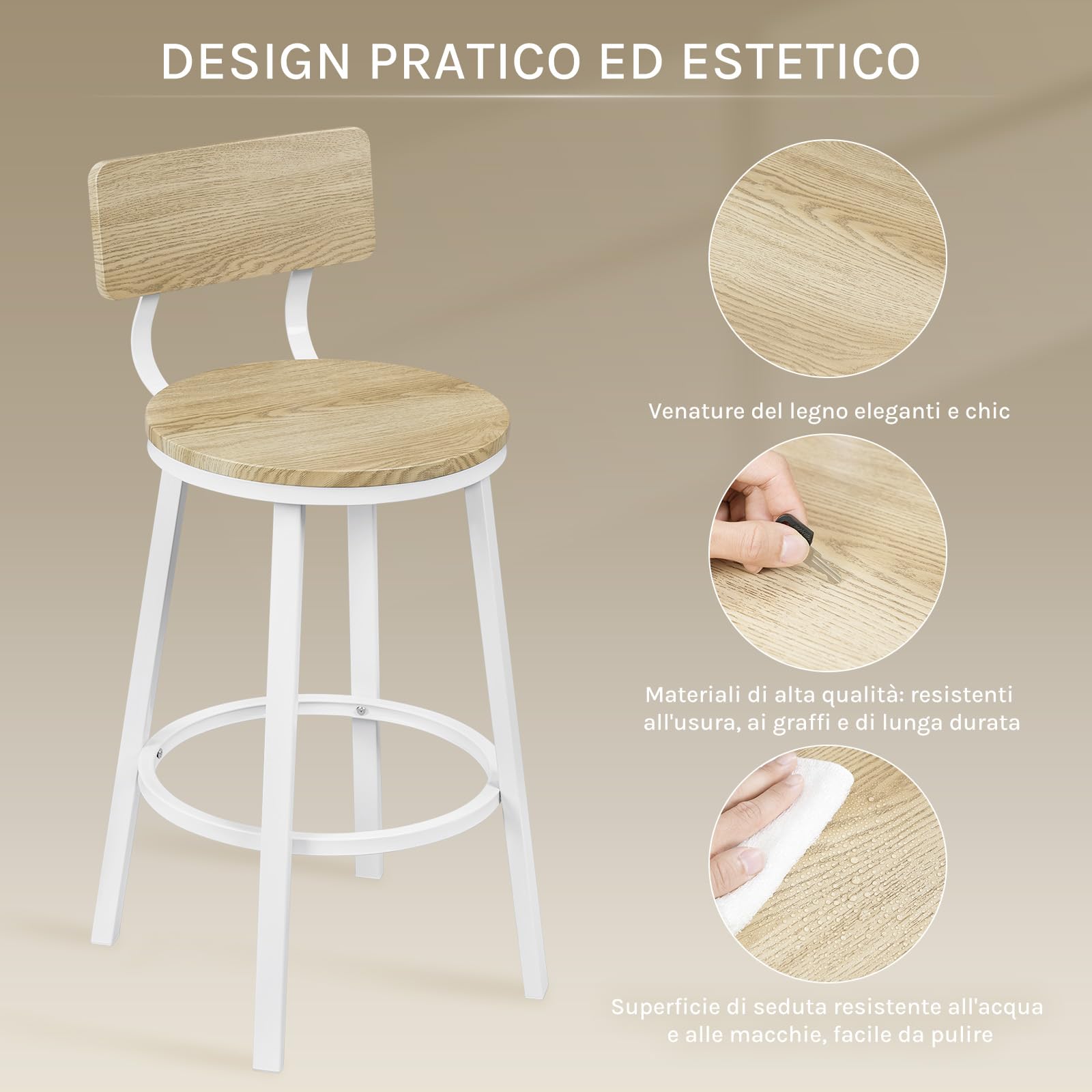 WOLTU Sgabelli Cucina Set di 2, Sgabelli da Bar per Colazione, con Poggiapiedi e Schienale, Struttura in Metallo, Effetto Legno Chiaro