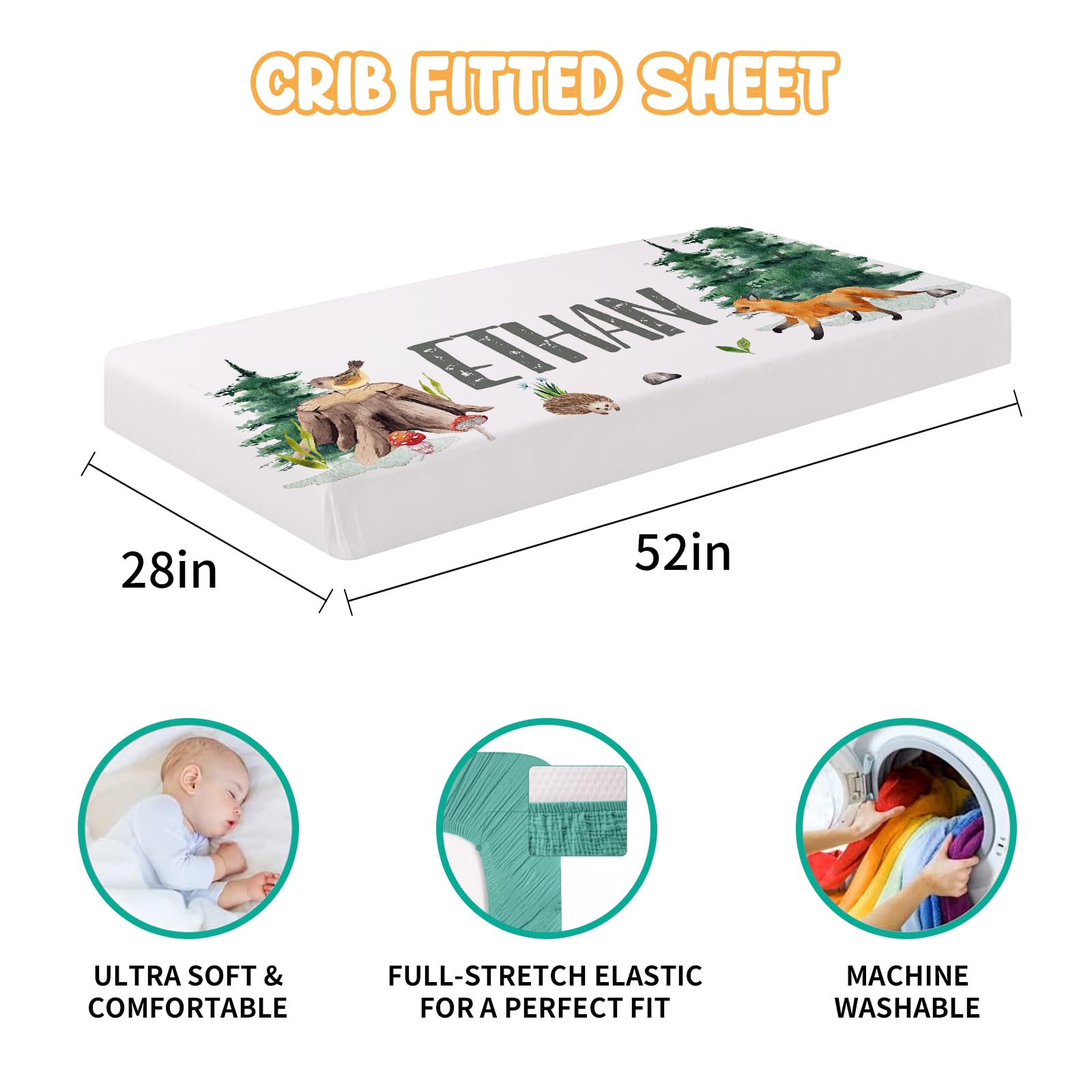 Individuelles Baby-Bettwäsche-Set – 5-teiliges Kinderzimmer-Bettwäsche-Set mit Waldtier-Design, personalisierte Namensdecke mit gepunkteter Rückseite, Kinderbettlaken, Wickelunterlage, Kissenbezug,