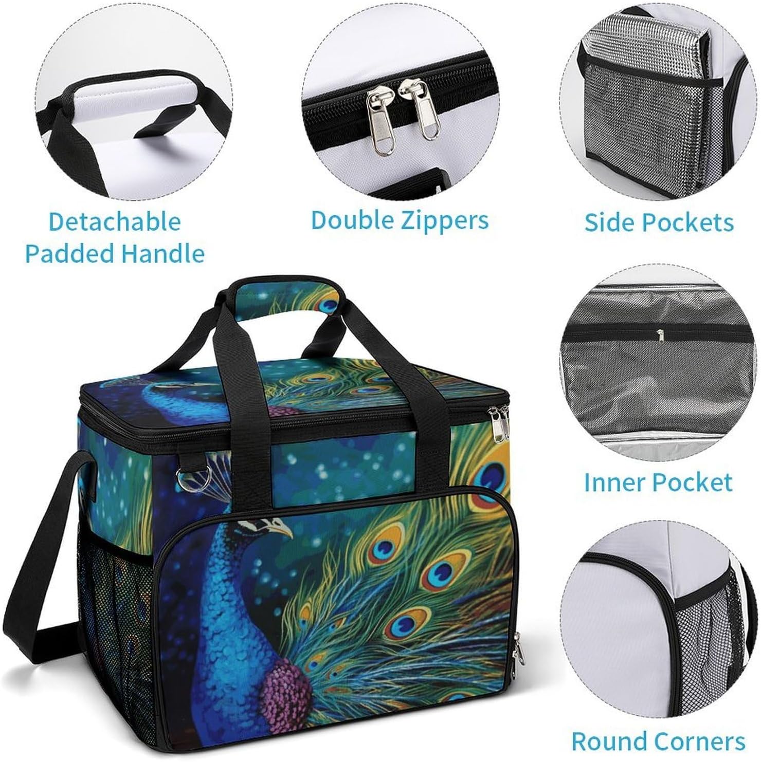 Insulated Picnic Backpack Tote Bag, Large Capacity 30L Colored Peacock Cooler Bag Leakproof Beach Bags Portable Lunch Box Waterproof Picnic Basket for Beach Camping BBQ