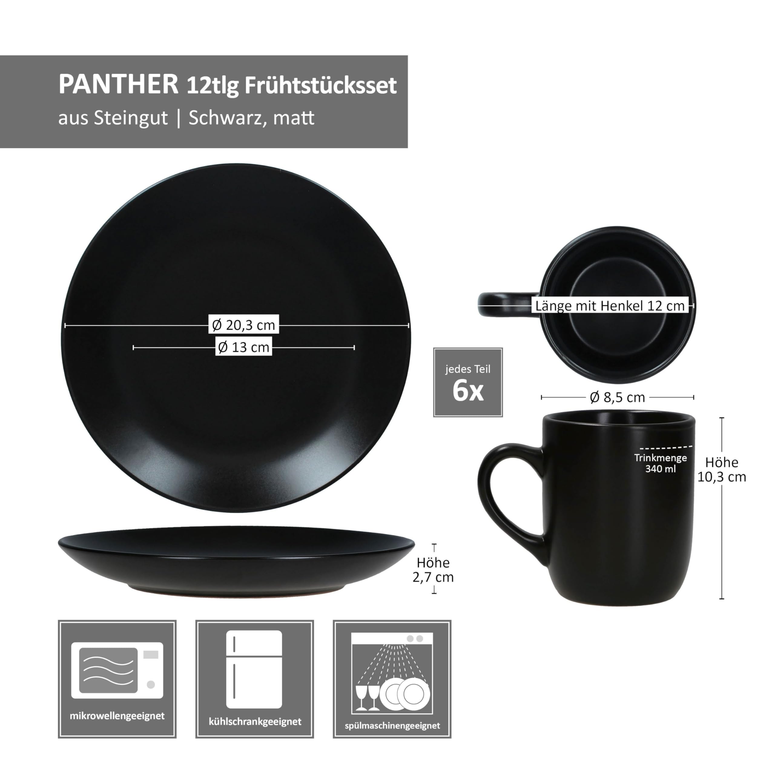 MamboCat Panther Service de petit-déjeuner 12 pièces noir I 6 petites assiettes et 6 tasses à café mates de 340 ml, hauteur 10,3 cm pour 6 personnes I Tasse, assiettes à gâteau I Vaisselle en faïence