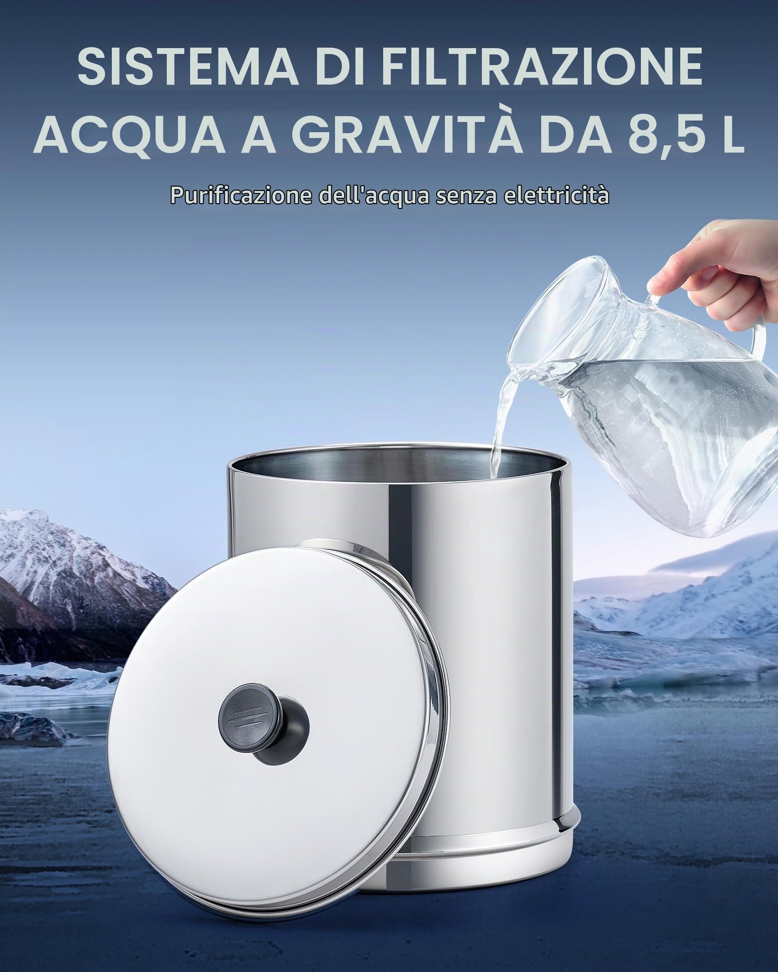 CO-Z 8.5L Sistema di Filtraggio dell'Acqua a Gravità Purificatore D'acqua a Gravità da Banco in Acciaio Inossidabile 304 con 2 Filtri al Carbone con Staffa e Rubinetto Certificazione NSF/ANSI 42