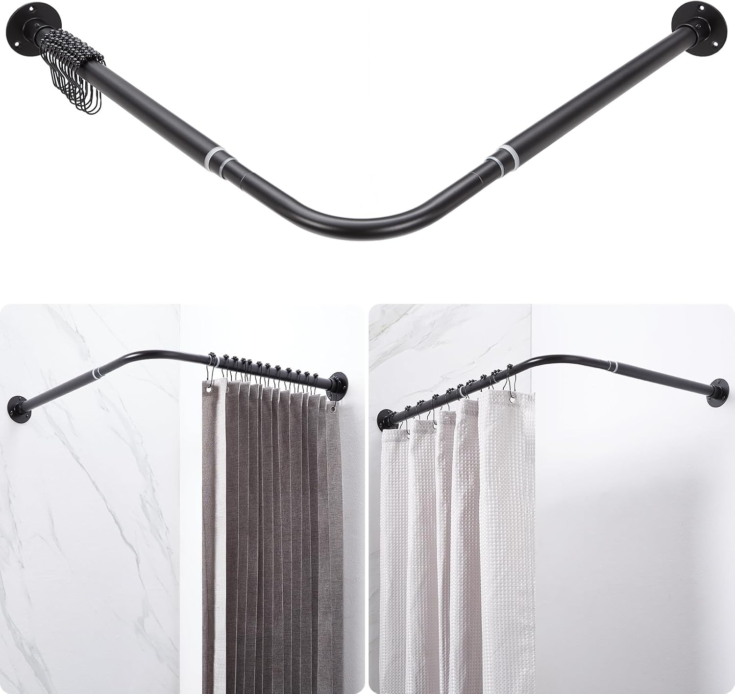 L Shaped Corner Shower Curtain Rod, Adjustable [24.3" - 47.6"] x [24.3" - 47.6"] 90 Degree Square Shower Curtain Rod with 12 Hooks & Ceiling Support for Bathroom Bathtub - Matte Black