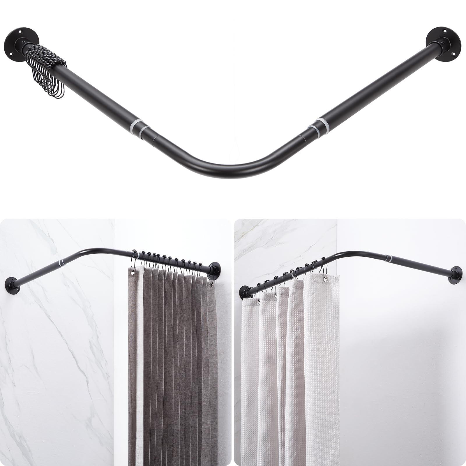 Crkmire Barra de Ducha en Forma de L Ajustable [62-121 cm] x [62-121 cm] para Esquina, con 12 Ganchos y Soporte de Techo para Bañera - Negro Mate