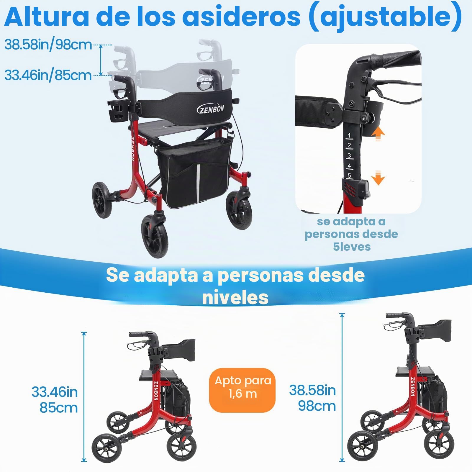 Andador para Ancianos Plegable: Andador Estrecho con Asiento para el Hogar Andador para Personas Mayores - Andador de viaje Aluminio con asa de Altura Ajustable para Aire Libre (Rojo)