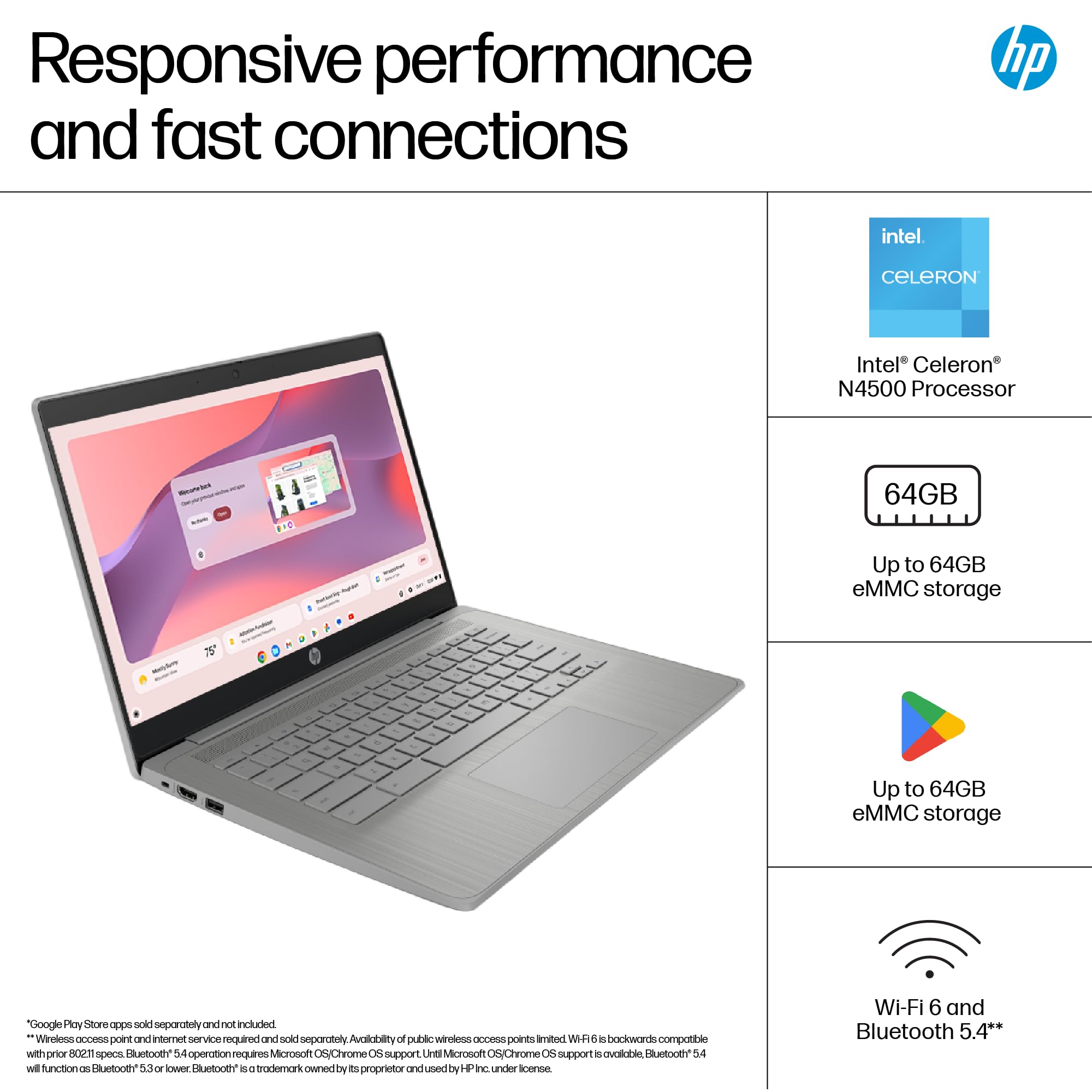 HP Chromebook 14" | Intel Celeron N4500 Processor | 4GB RAM | 64GB eMMC | Intel UHD Graphics | HD Anti-glare Display | Chrome OS | Dual Speakers | USB-C Fast Charging | Modern Grey | 14a-ne1000sa — view 3