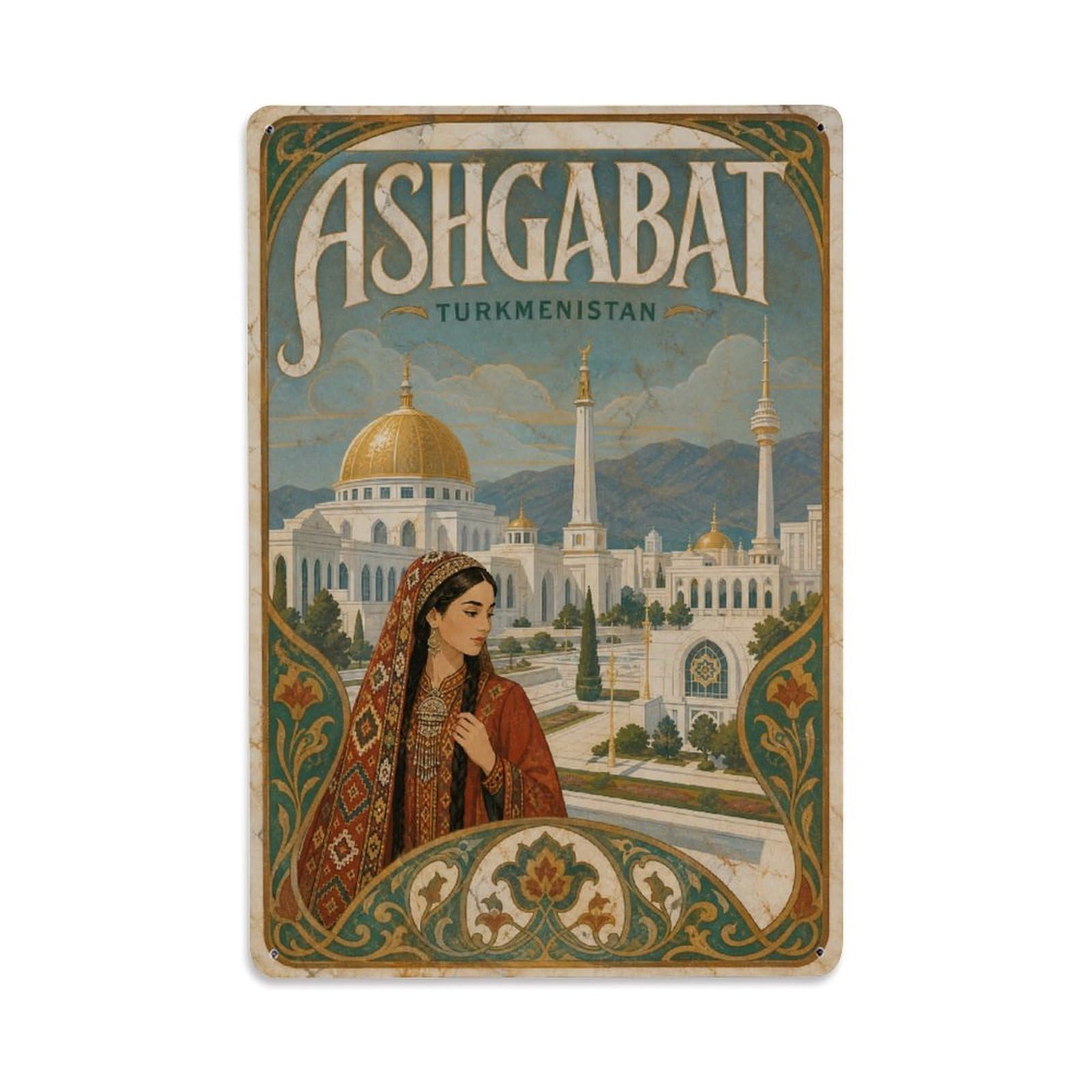 Gead 8X12inch Style Travel Retro Turkmenistan Ashgabat Metal Tin Sign