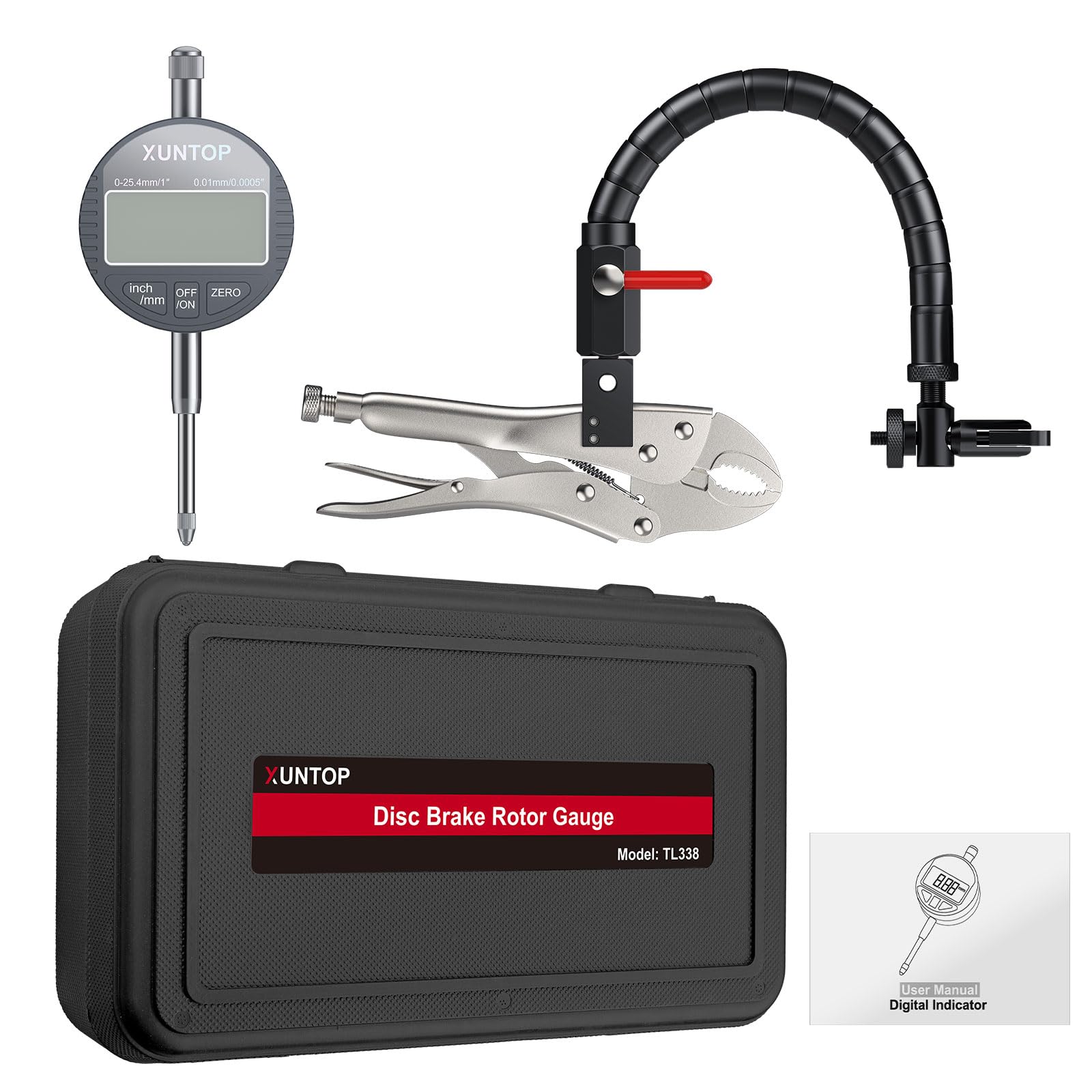 XUNTOP Comparatore Digitale 0-25.4MM per Dischi e Rotori/giunti Sferici con Indicatore Digitale con Braccio Flessibile da 13,77” e Pinza di Bloccaggio da 7" per il Settore Automobilistico, Meccanico