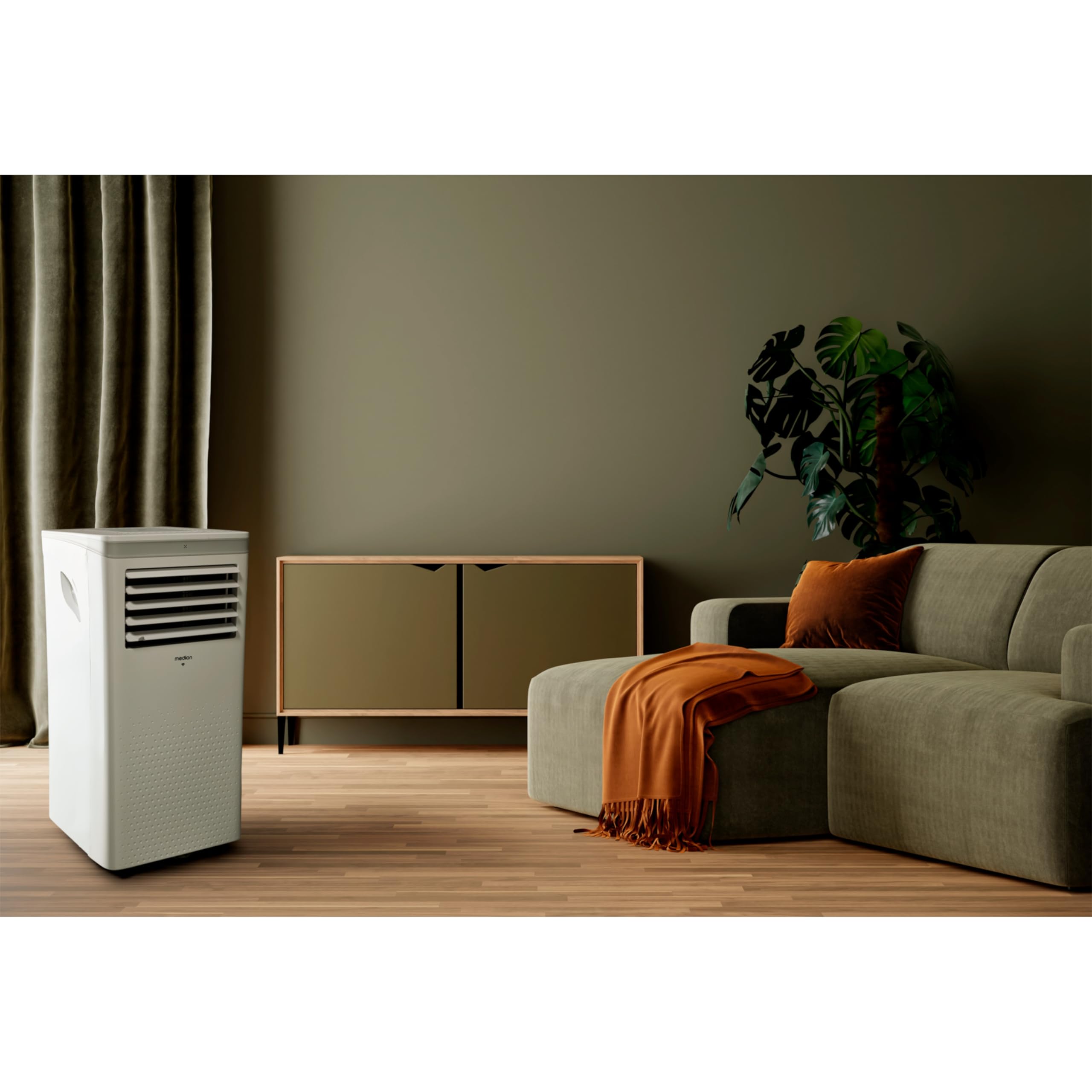 MEDION Smarte Mobile Klimaanlage mit Abluftschlauch P1002 (10000 BTU, mobil, inkl. Fensterabdichtung, bis 34m², 3in1 Kühlen Entfeuchten Ventilieren, App- und Sprachsteuerung, Schlafmodus, MD 37733)