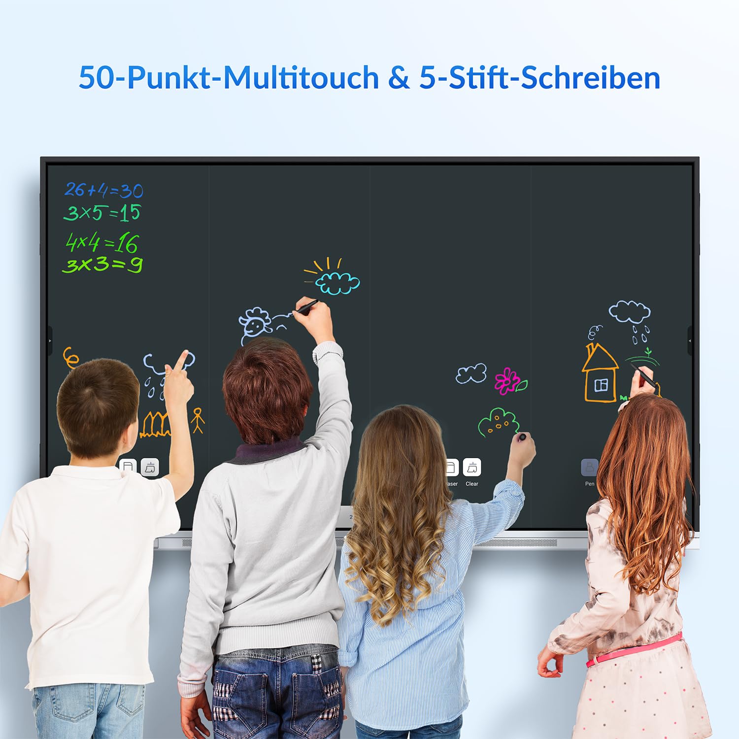 Interaktives Whiteboard 75 Zoll Smartboard ,4K UHD Touchscreen Android 14,Google EDLA Zertifiziert Digitale Whiteboard, für Büro Schule, Wandhalterung