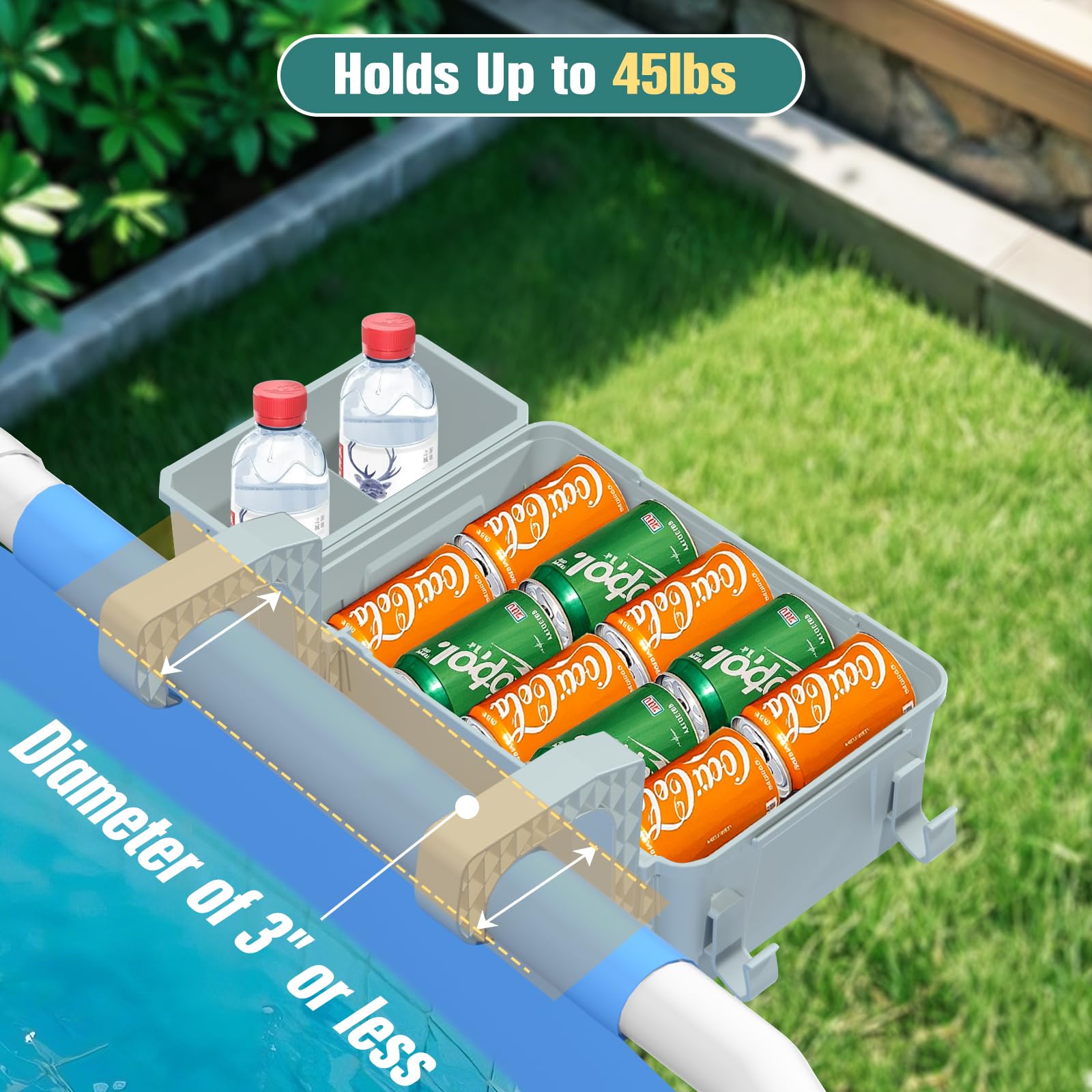 Cesto portaoggetti a bordo piscina, accessori per piscina fuori terra, cestini per piscina con asciugamano organizzato, adatto a binari superiori da 7,6 cm o meno, cestino organizer versatile per