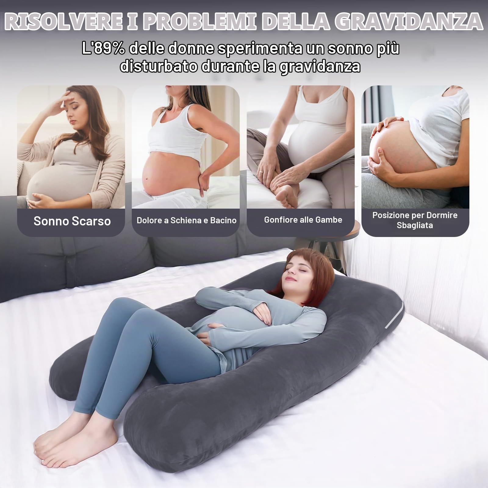 Cuscino Gravidanza - Cuscino Gravidanza per Dormire a Forma di U Supporto Maternità - Cuscino per Allattamento e Gravidanza con Federa in Velluto Sfoderabile e Lavabile - Grigio scuro