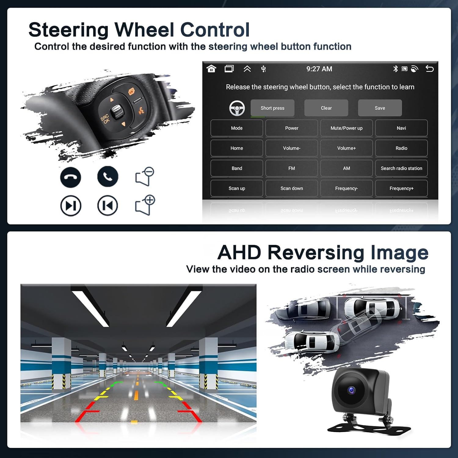 Image showing the steering wheel controls and the interface for learning button functions.