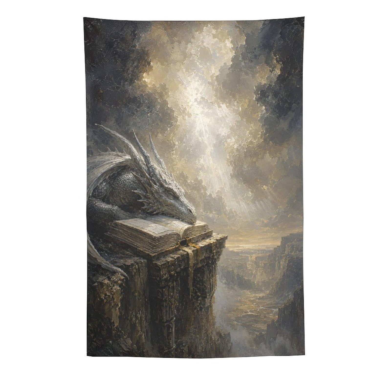 H3B8U2Y5 Dragon on Cliffside Book Wall Tapestry, Surrealist Style, Office